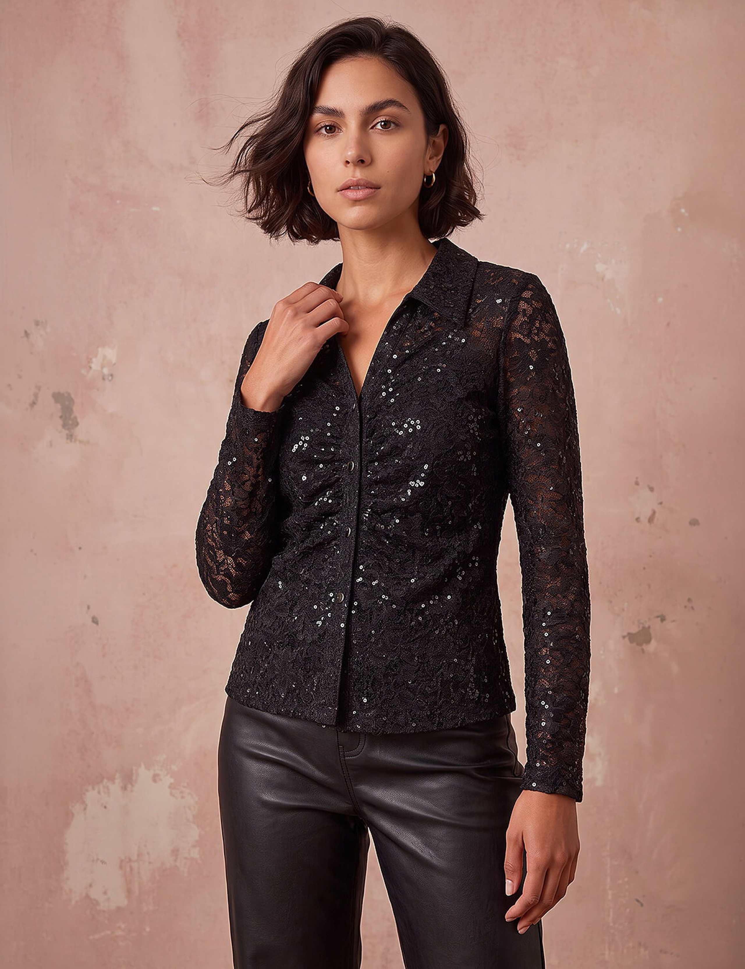 Lace Sequin Collared Blouse