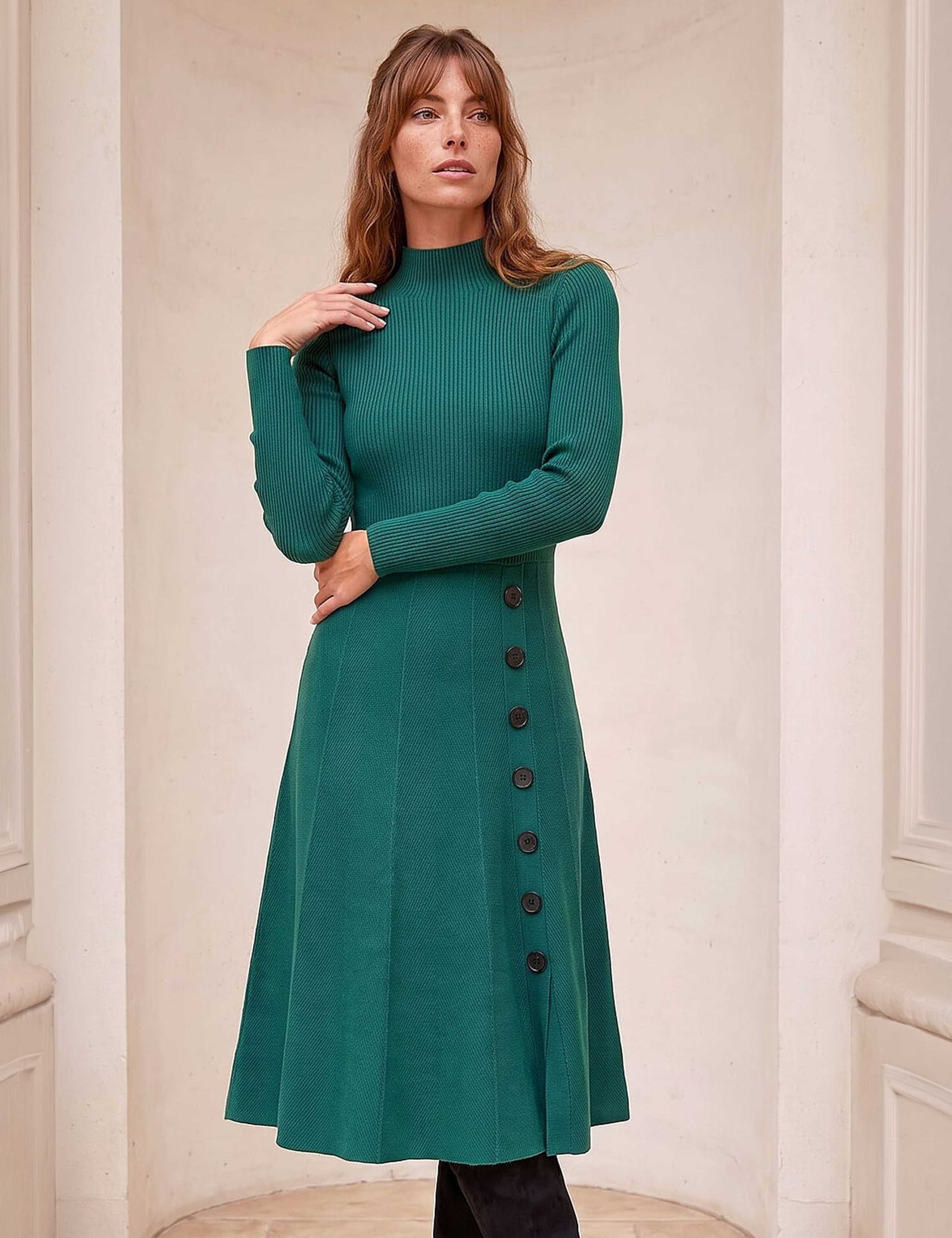 Knitted High Neck Button Detail Knee Length Swing Dress