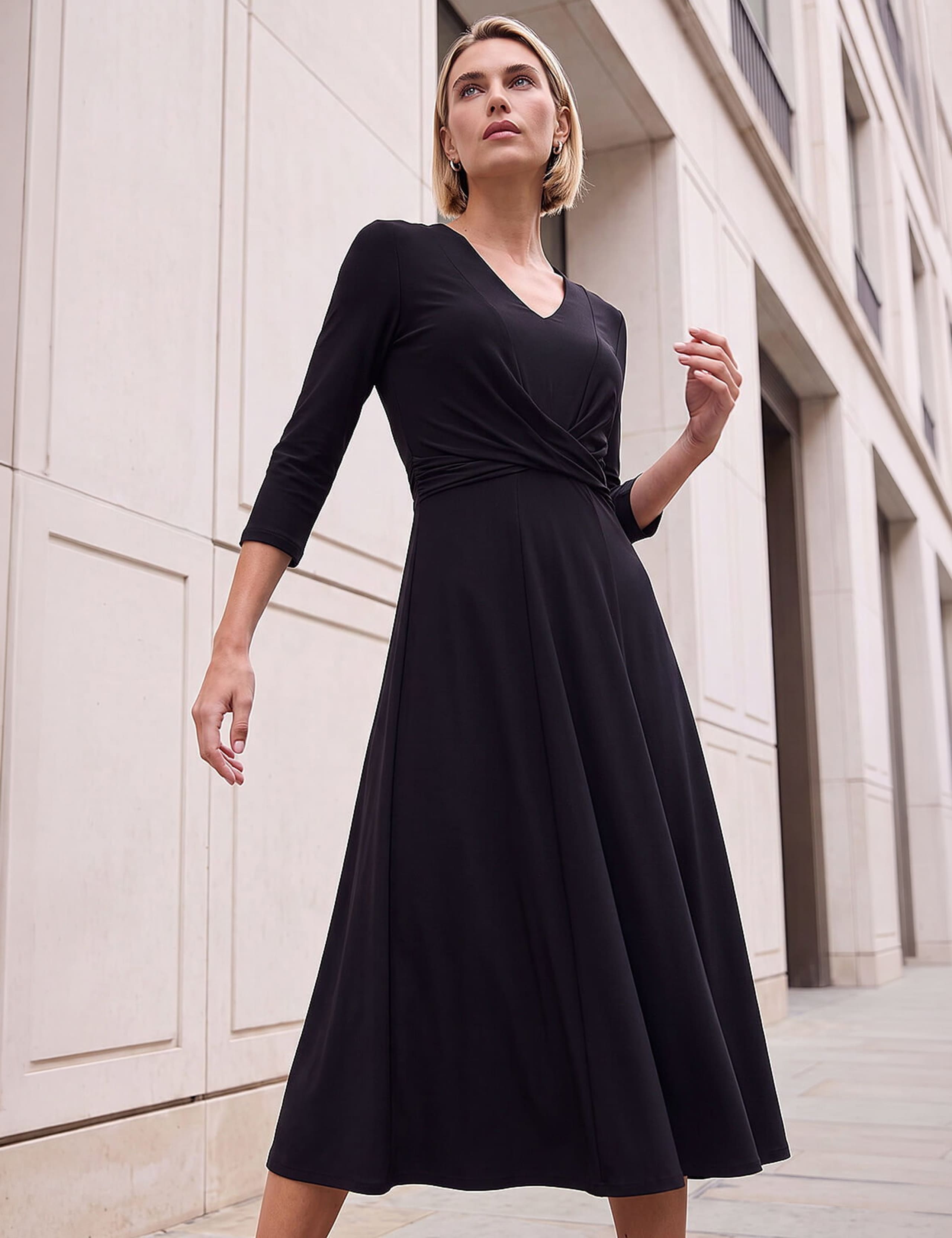 V Neck Crossover Midi Dress