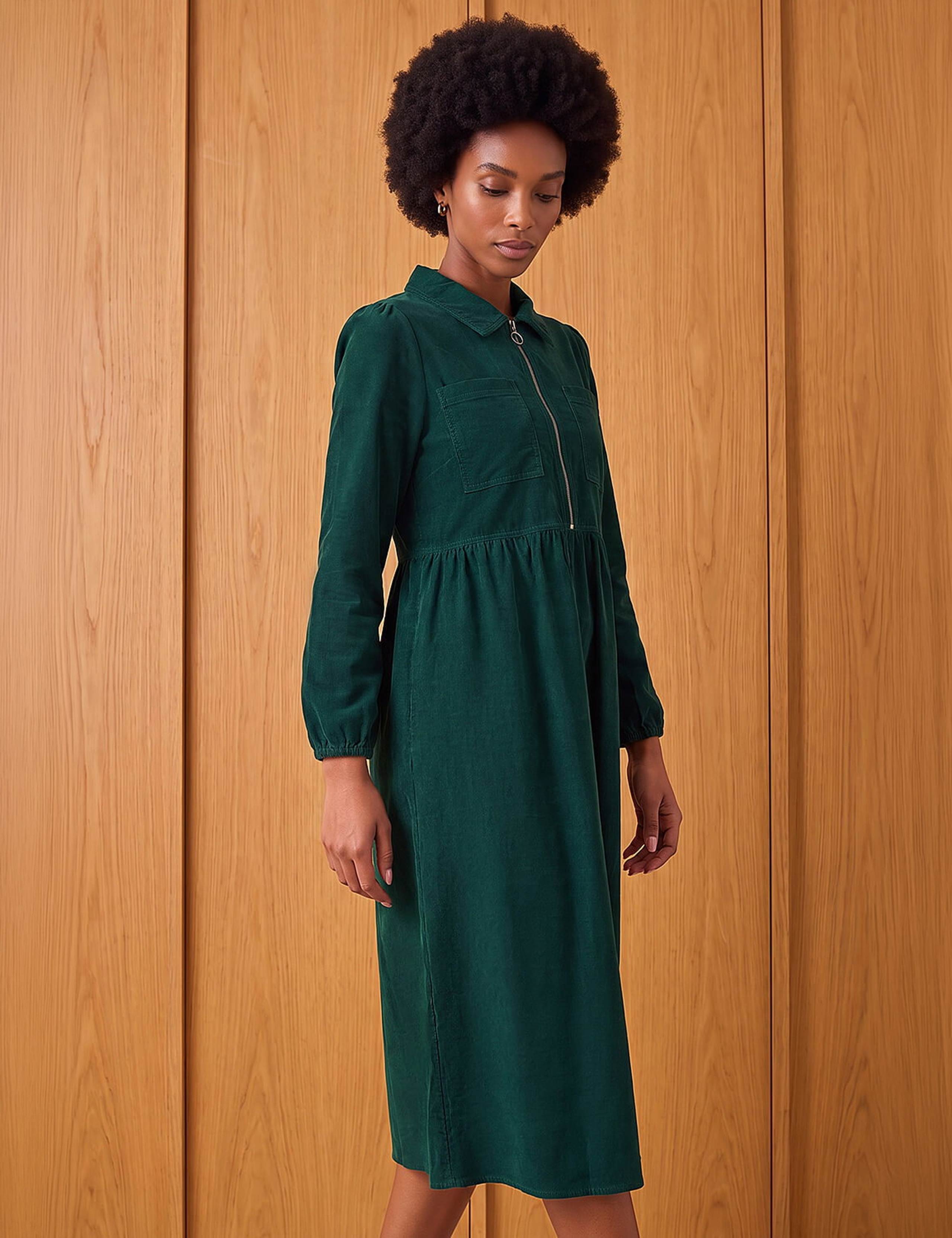 Cord Collared Zip Up Midi Dress
