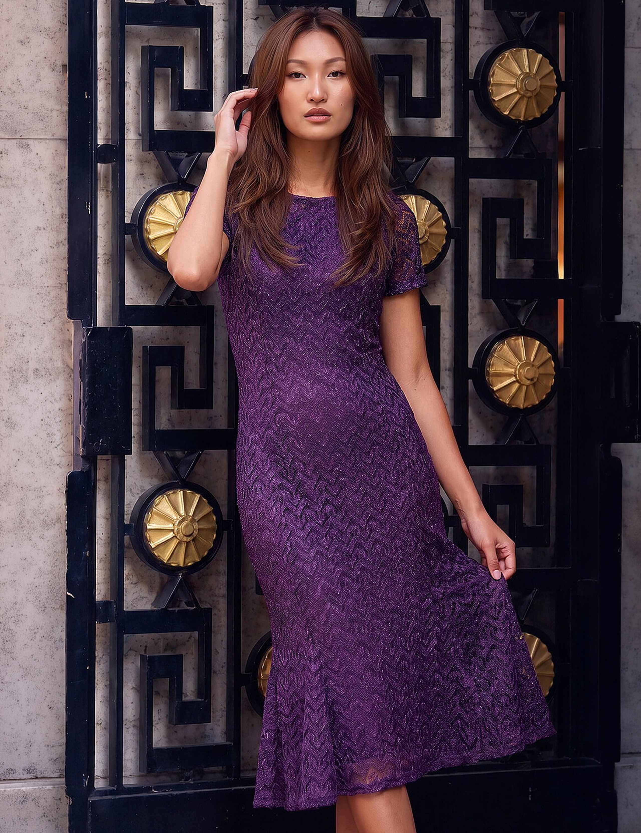 Sparkle Lace Raglan Sleeve Flute Hem Dress