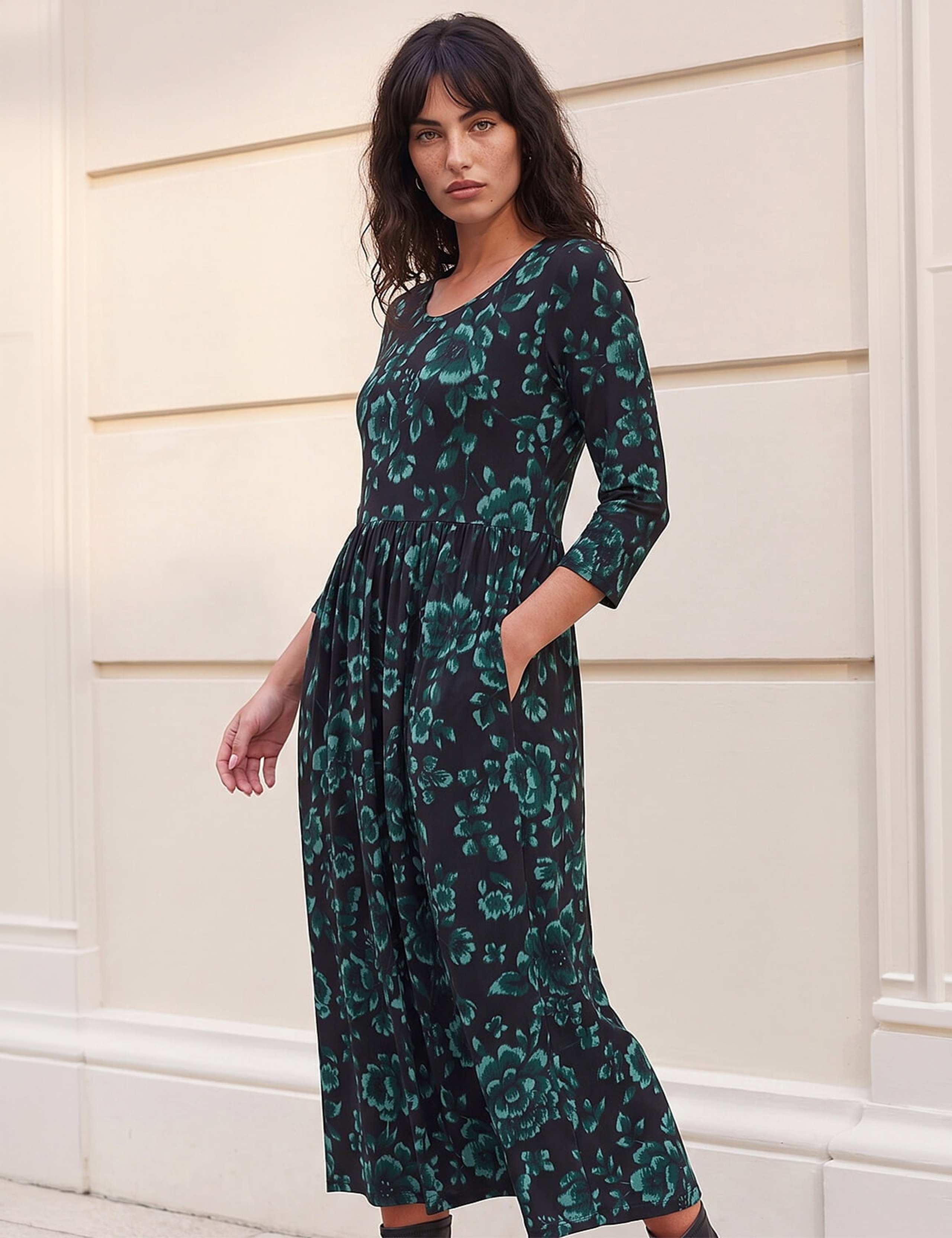 Floral Gathered Waist Midi Dress