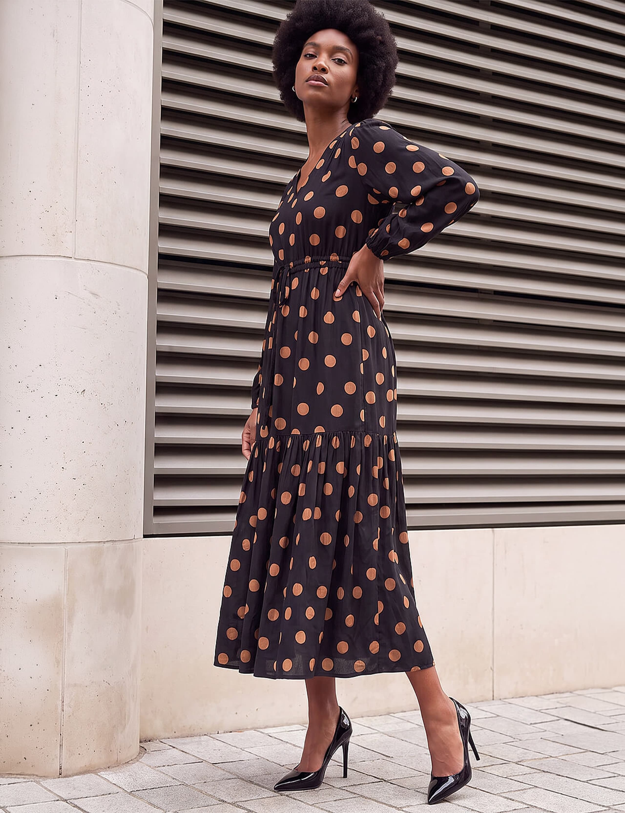 Polka Dot V Neck Tie Waist Midi Dress