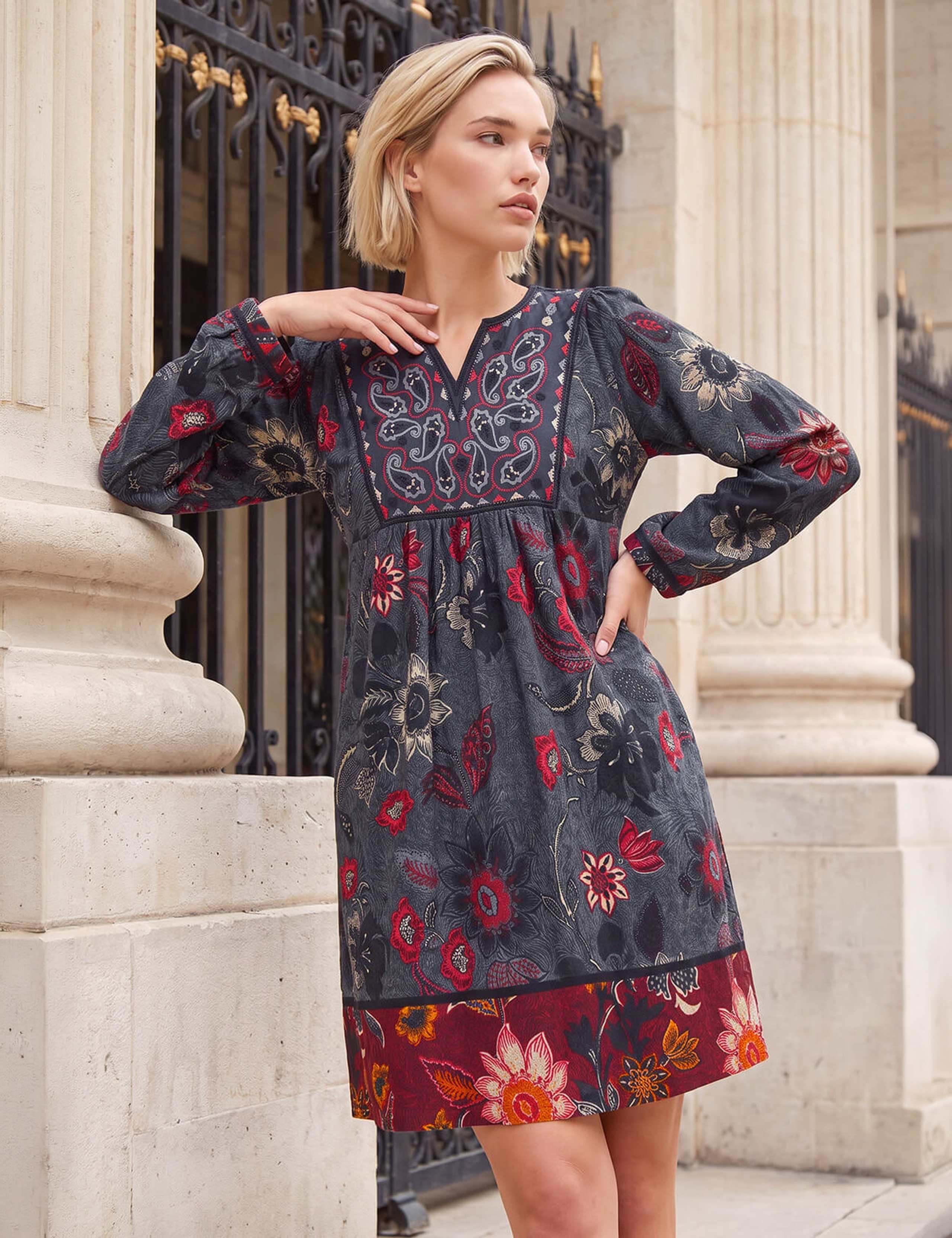 Floral V Neck Panel Knee Length Dress