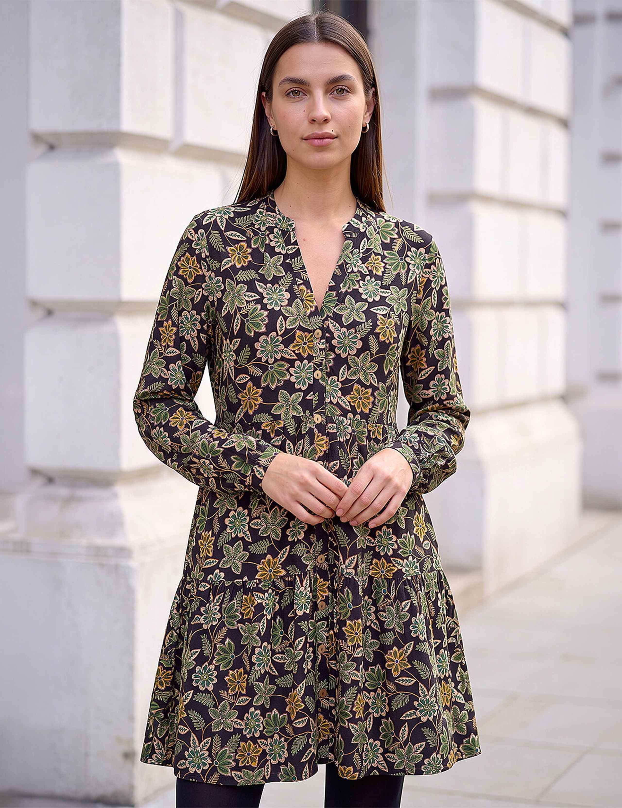 Floral V Neck Button Detail Knee Length Swing Dress