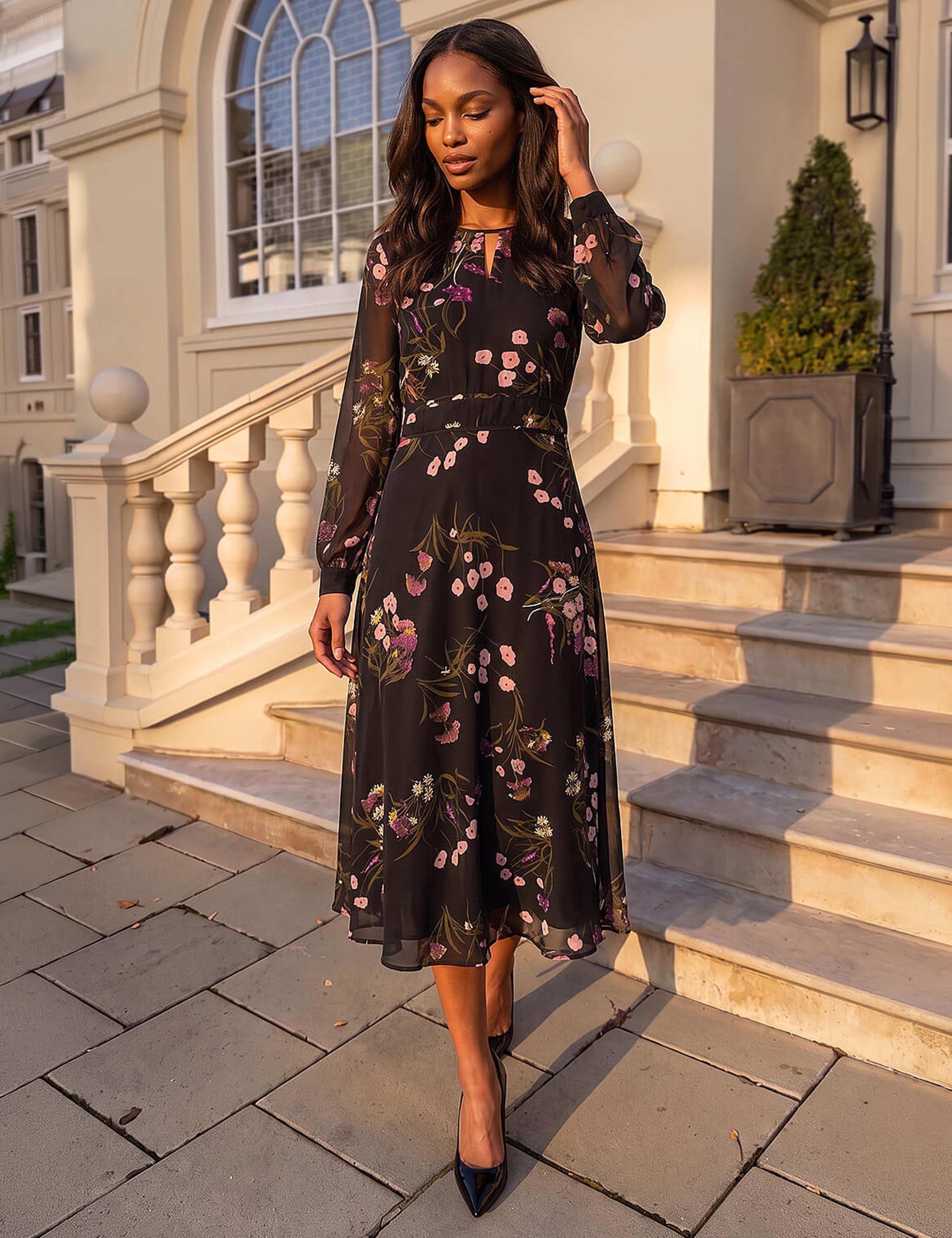 Floral Print Keyhole Long Sleeve Midi Dress