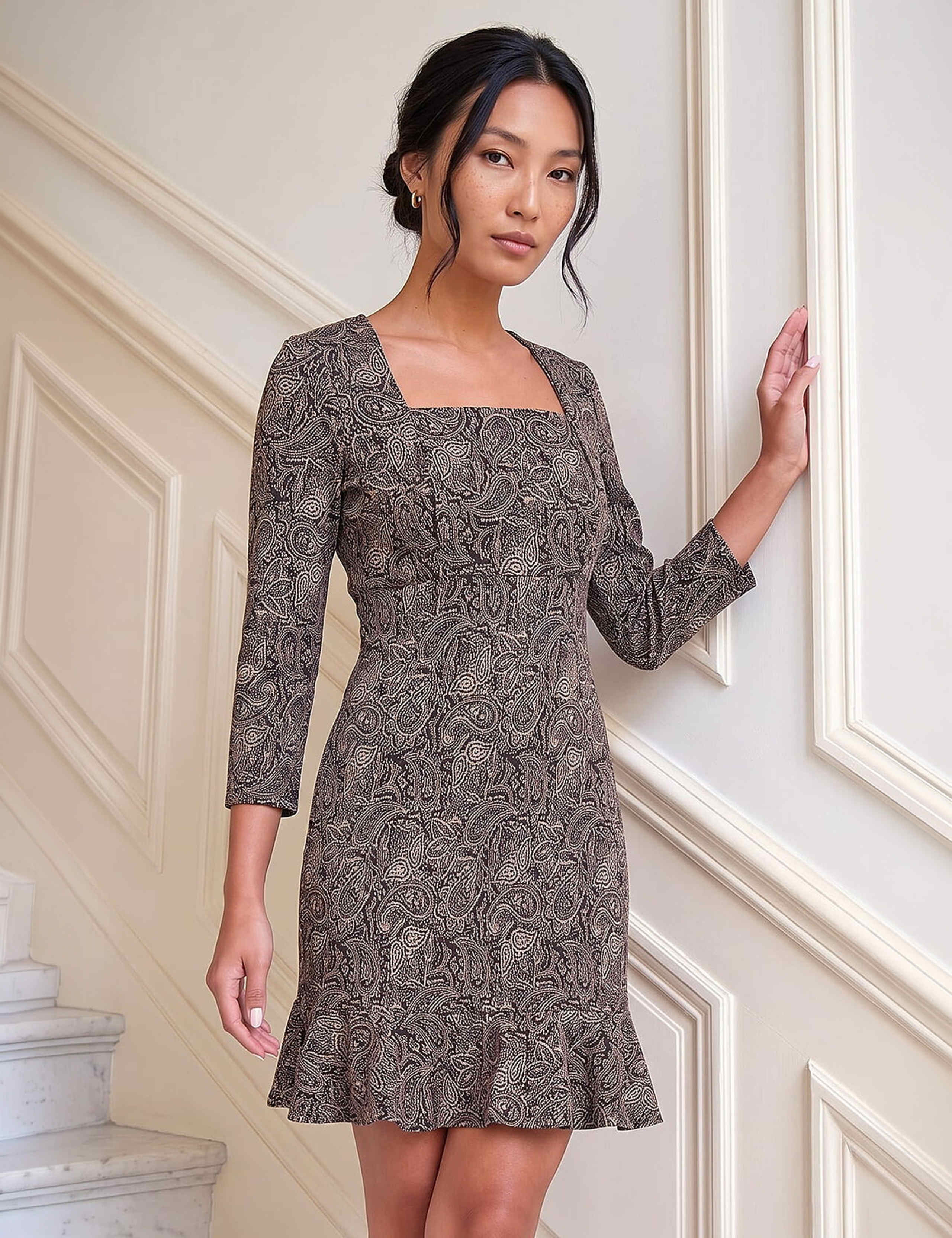Jacquard Paisley Square Neck Frill Hem Mini Waisted Dress