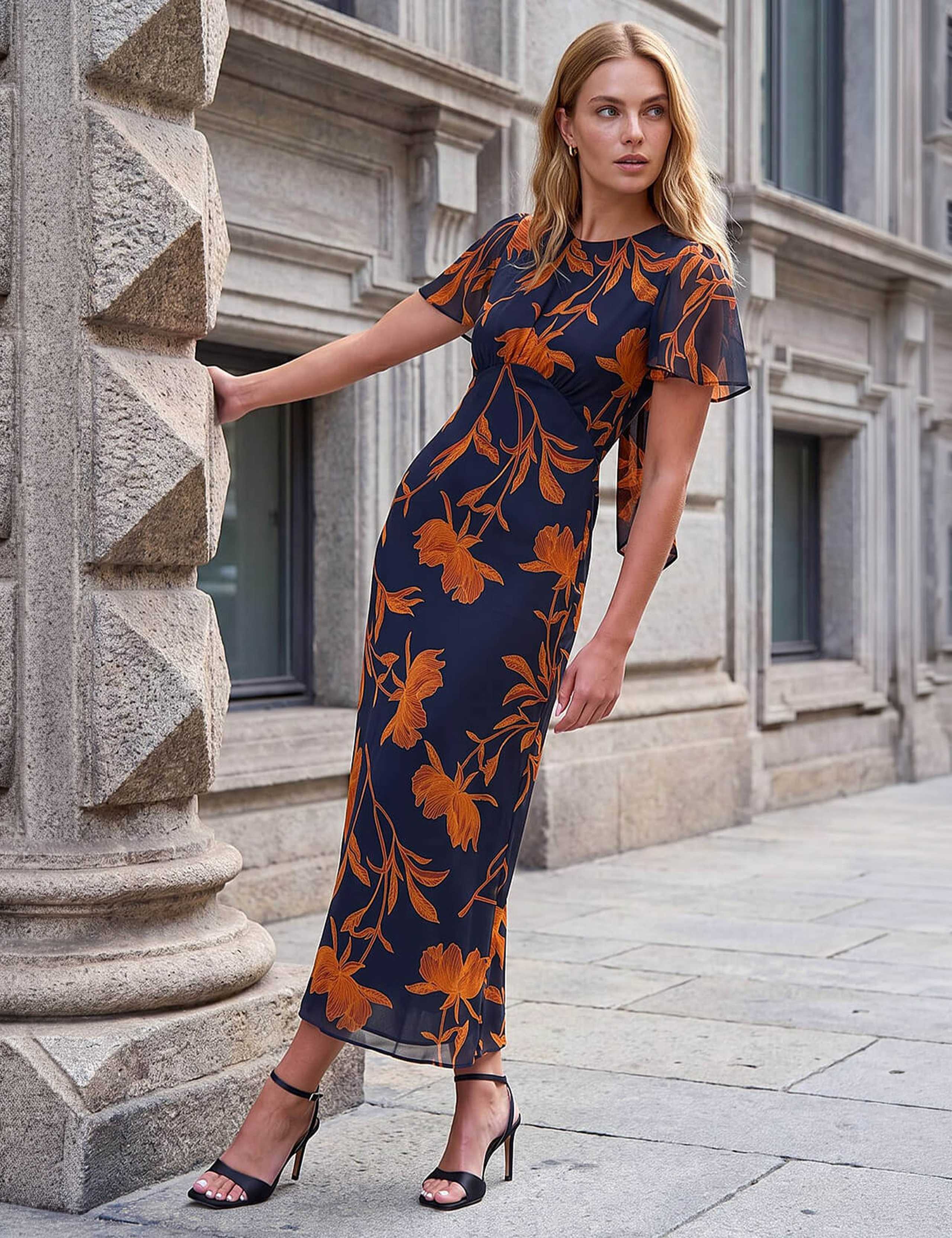 Printed Scoop Neck Bow Detail Waisted Dress