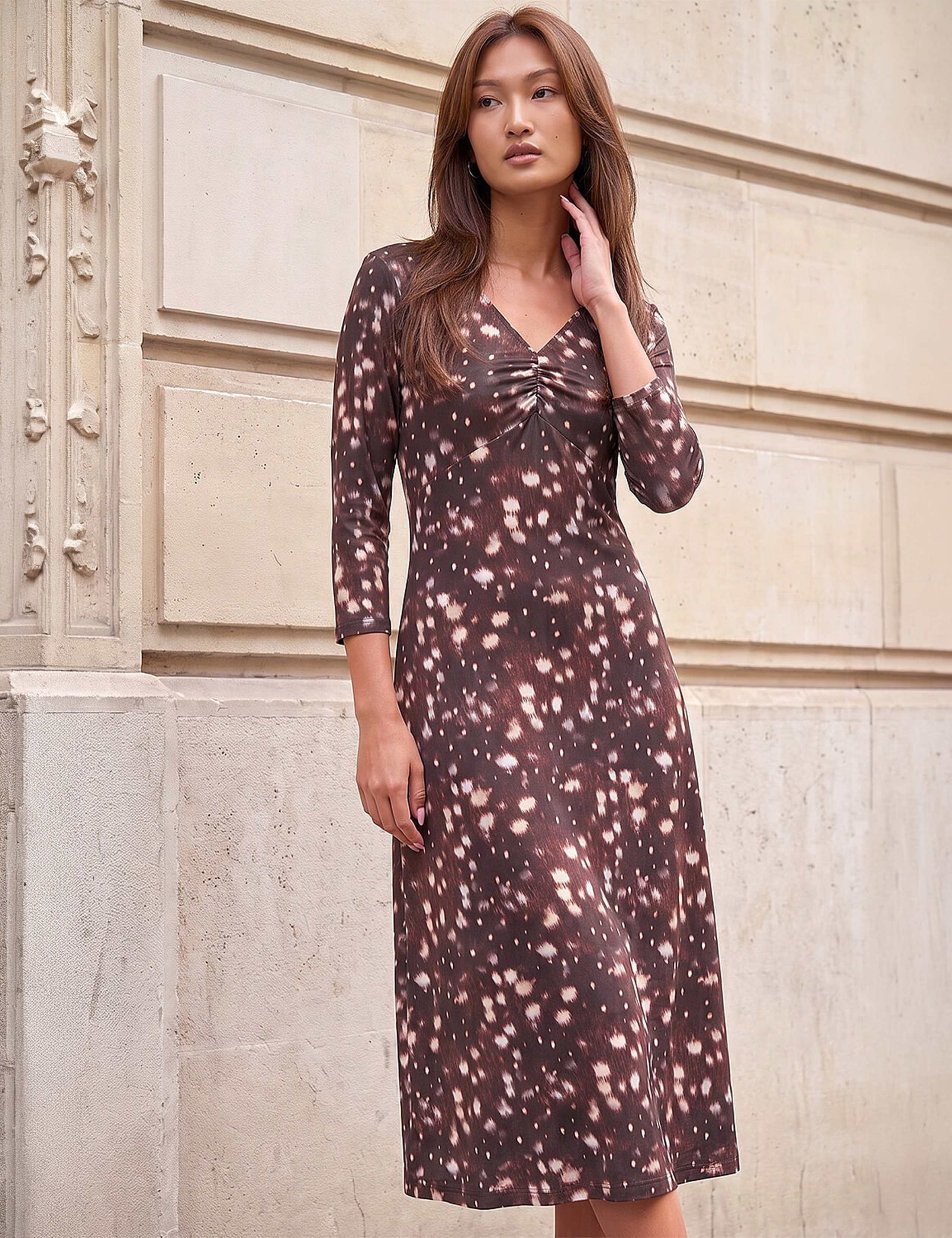 V Neck Deer Print Ruched Midi Dress
