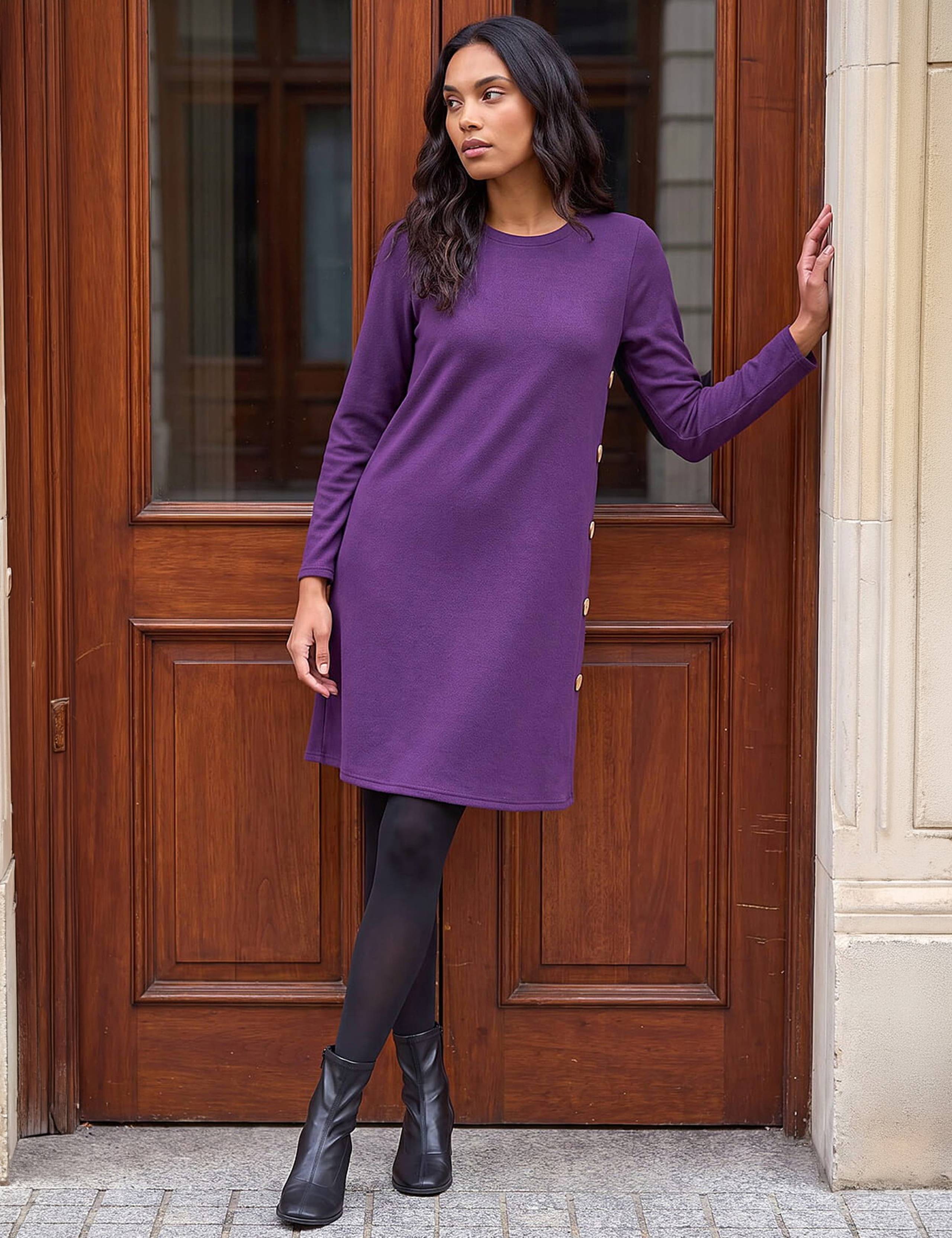 Side Button Detail Round Neck Swing Dress