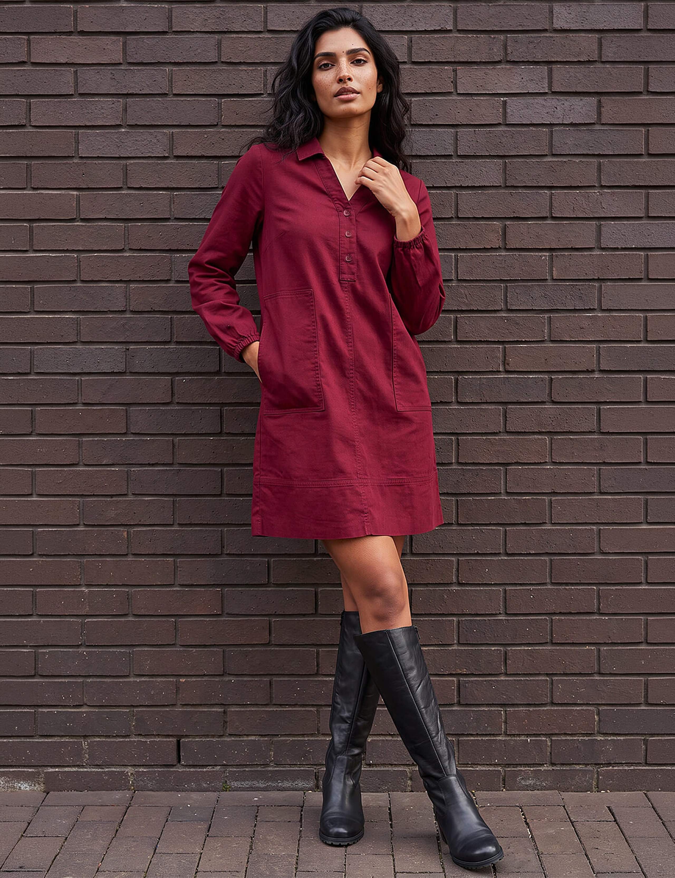 Pure Cotton Collared Button Detail Knee Length Shirt Dress