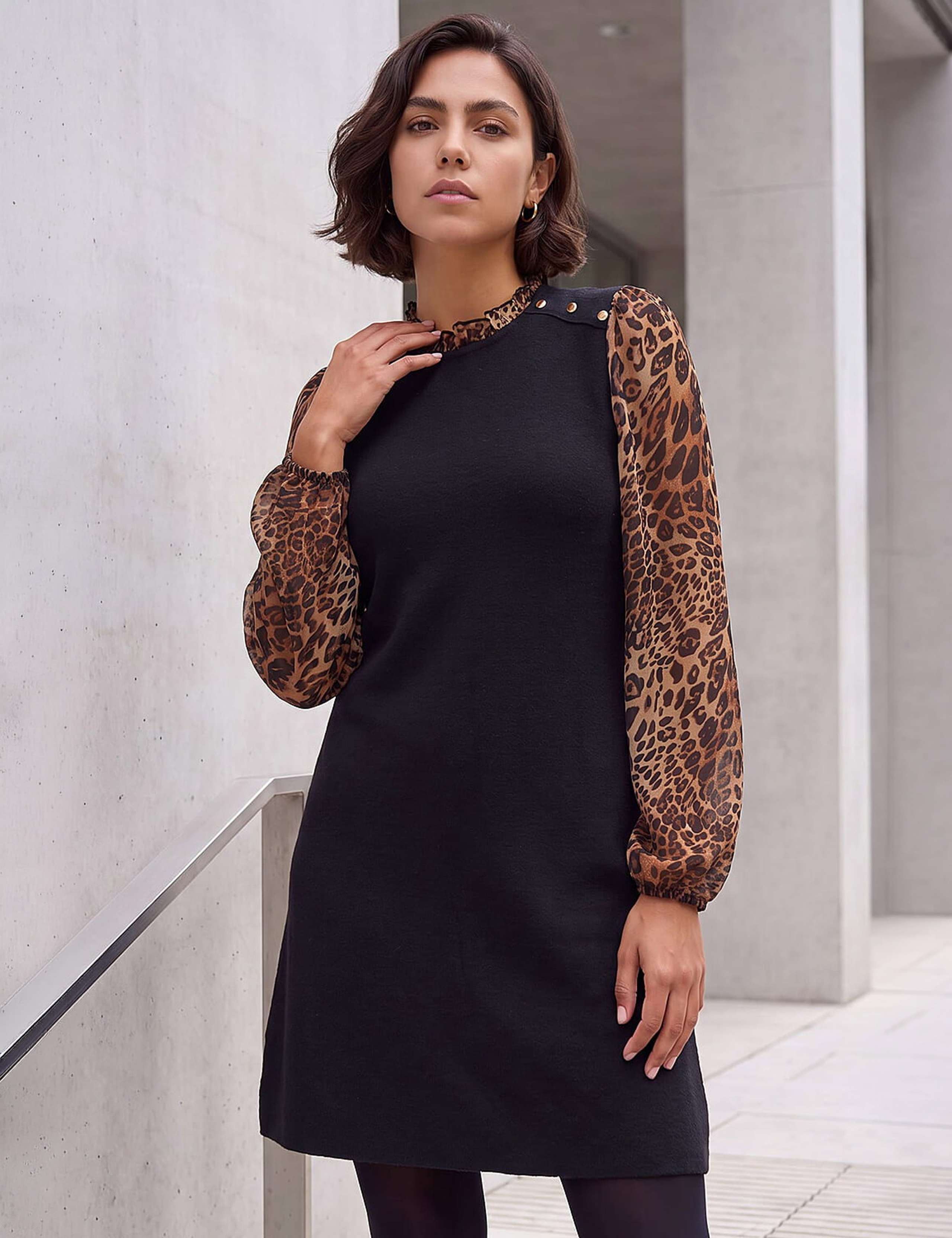 Animal Print Knitted Frill Detail Knee Length Dress