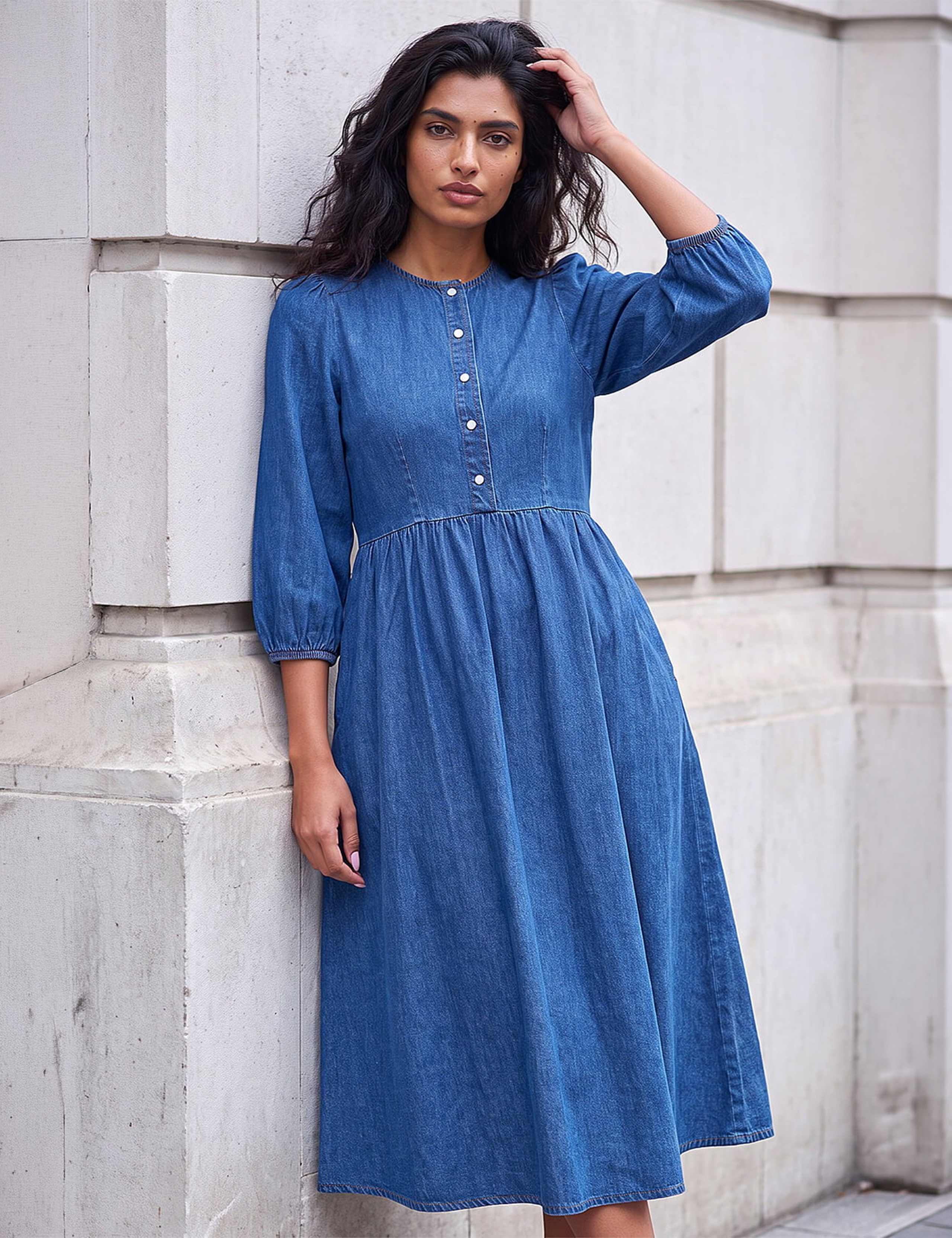 Denim Scoop Neck Button Detail Midi Dress