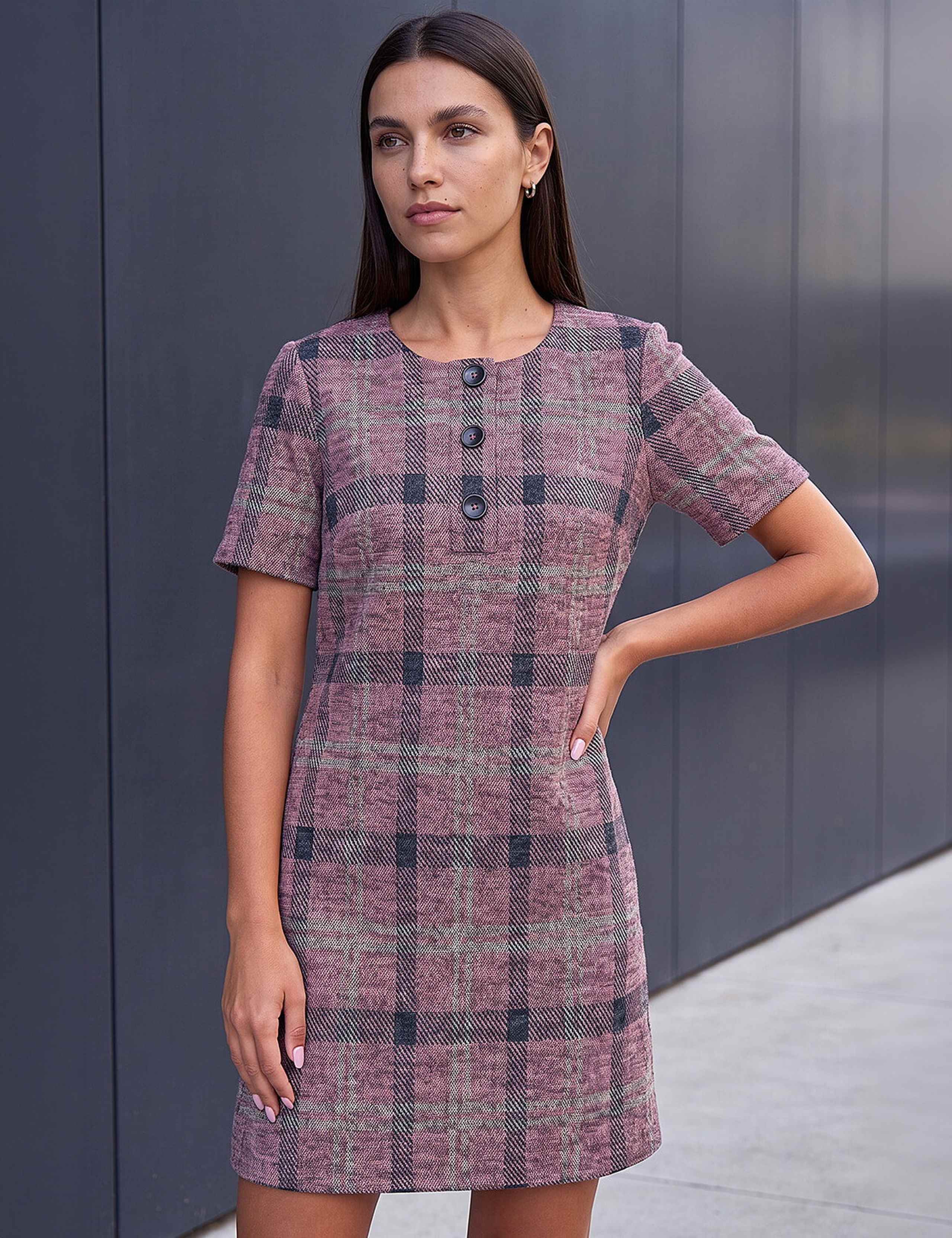 Checked Button Shift Dress
