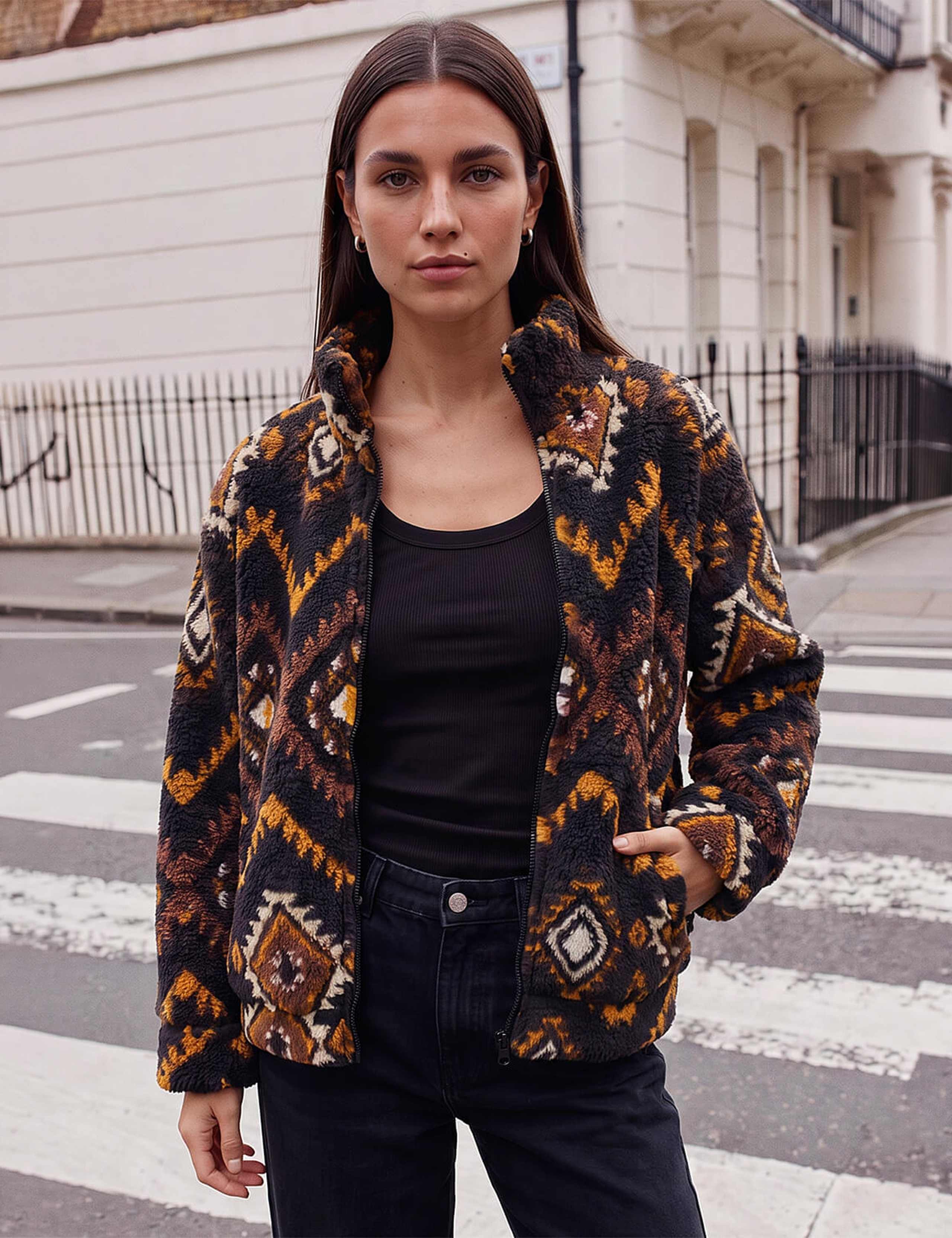 Aztec Print Zip Fleece Jacket