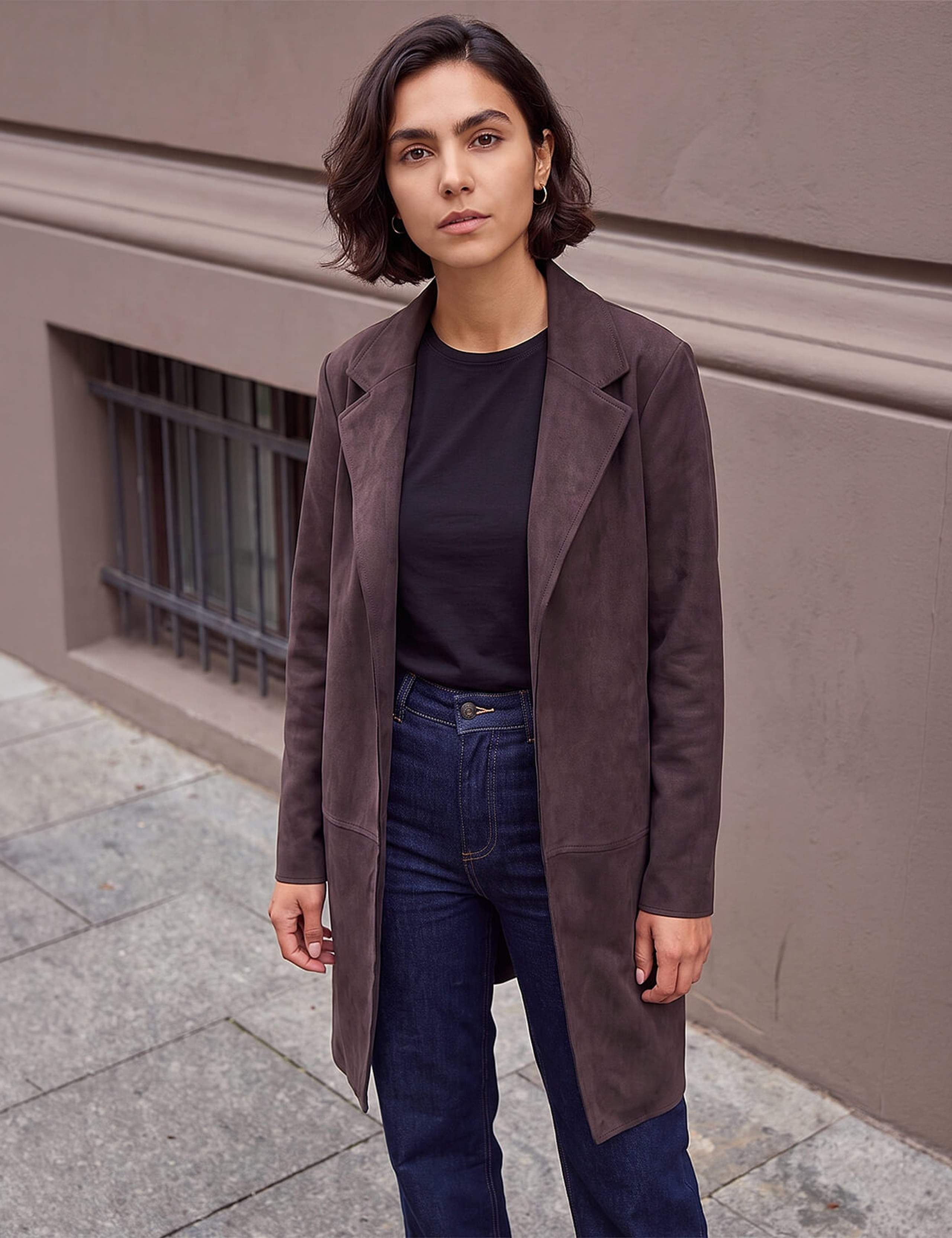 Suedette Revere Collar Longline Jacket
