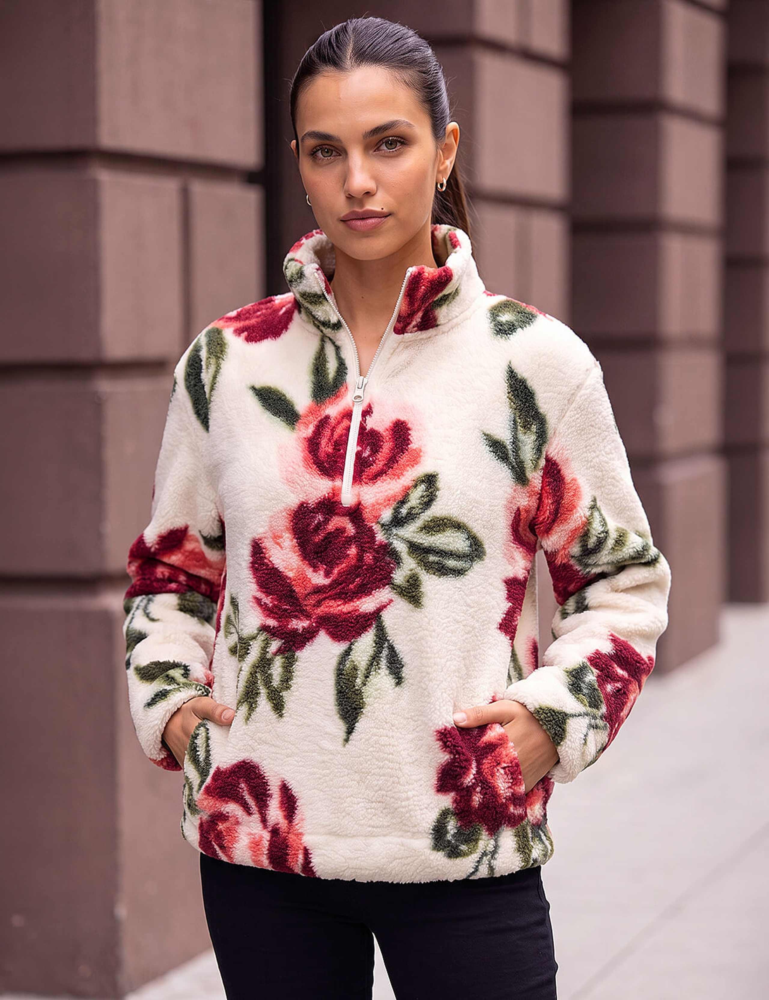 Rose Print Zip Fleece Jacket