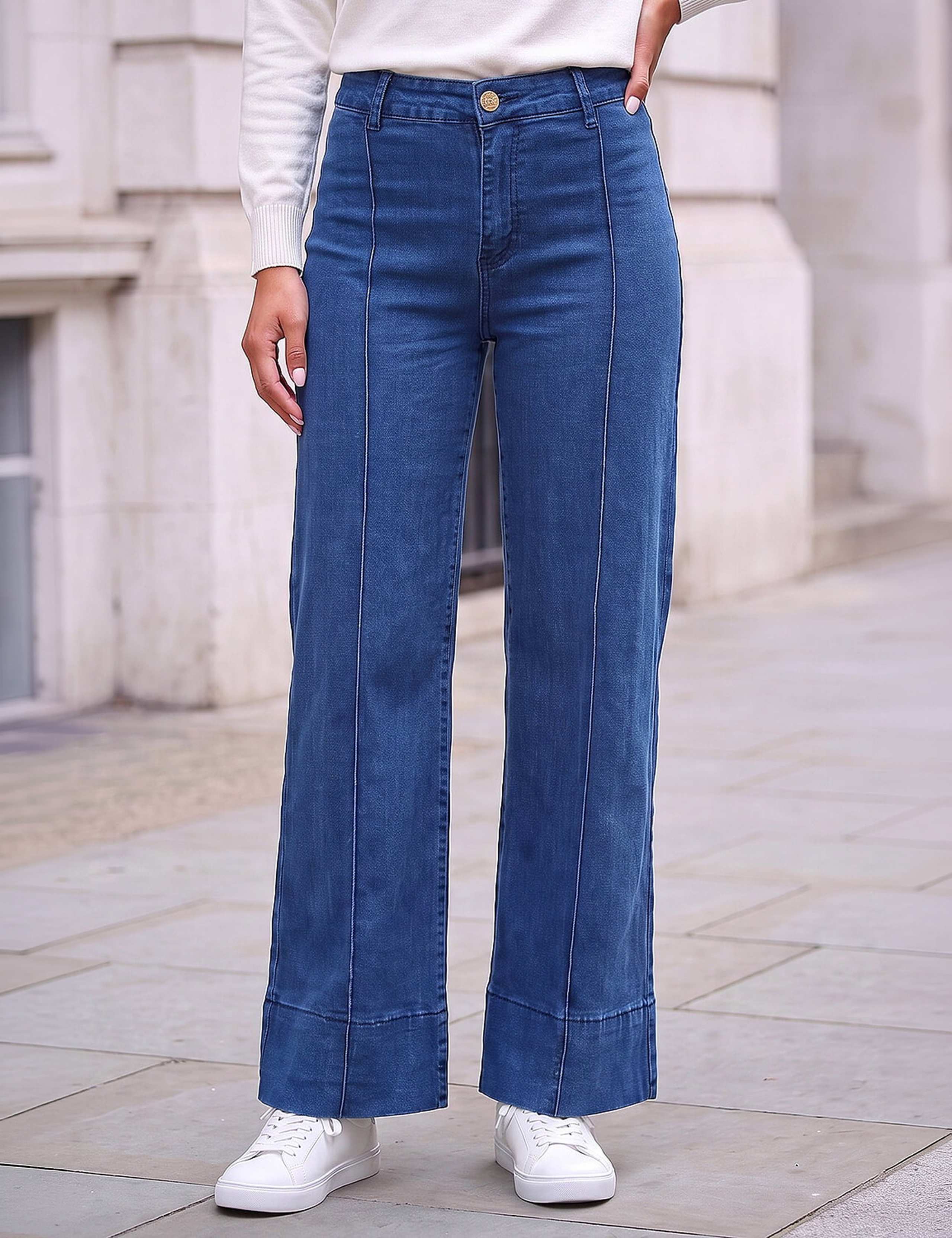 Cotton Rich Mid Rise Seam Detail Straight Leg Jeans