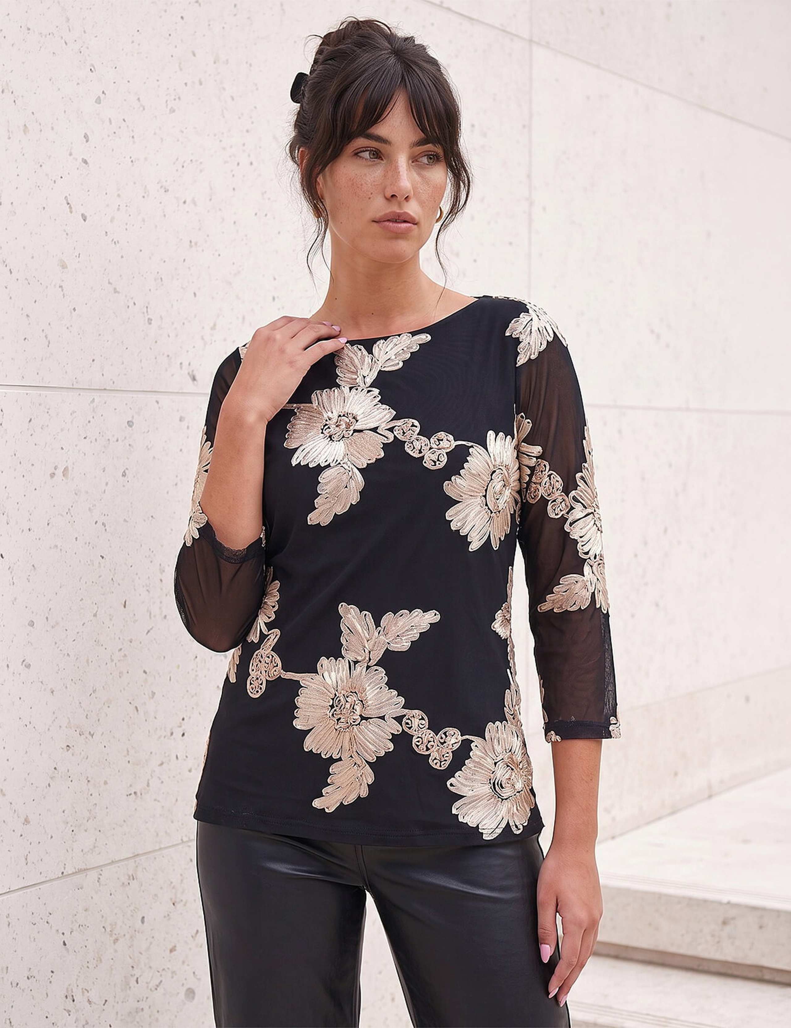 Textured Mesh Round Neck Long Sleeve Top