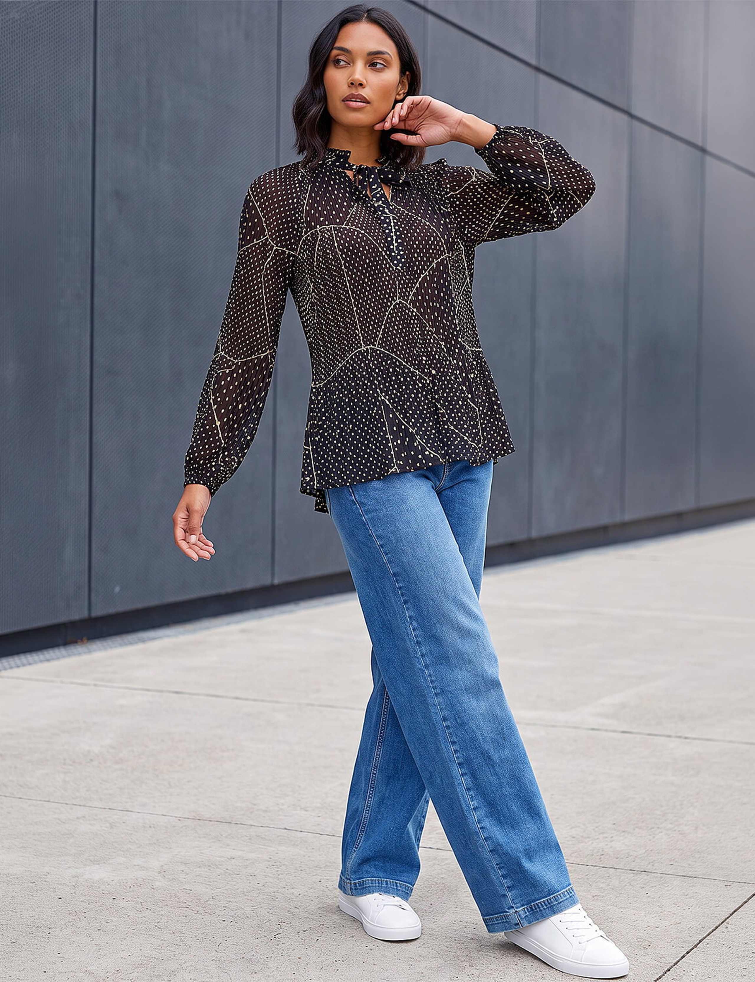 Polka Dot Tie Neck Pleated Top