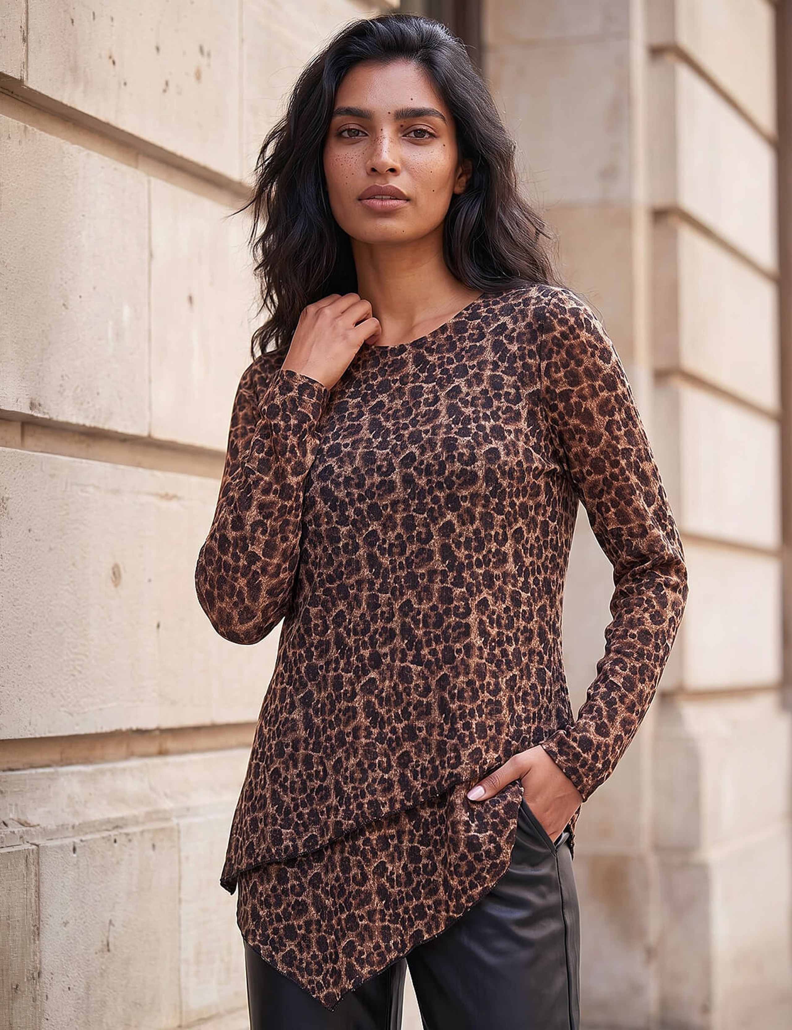 Animal Print Round Neck Layered Hem Top