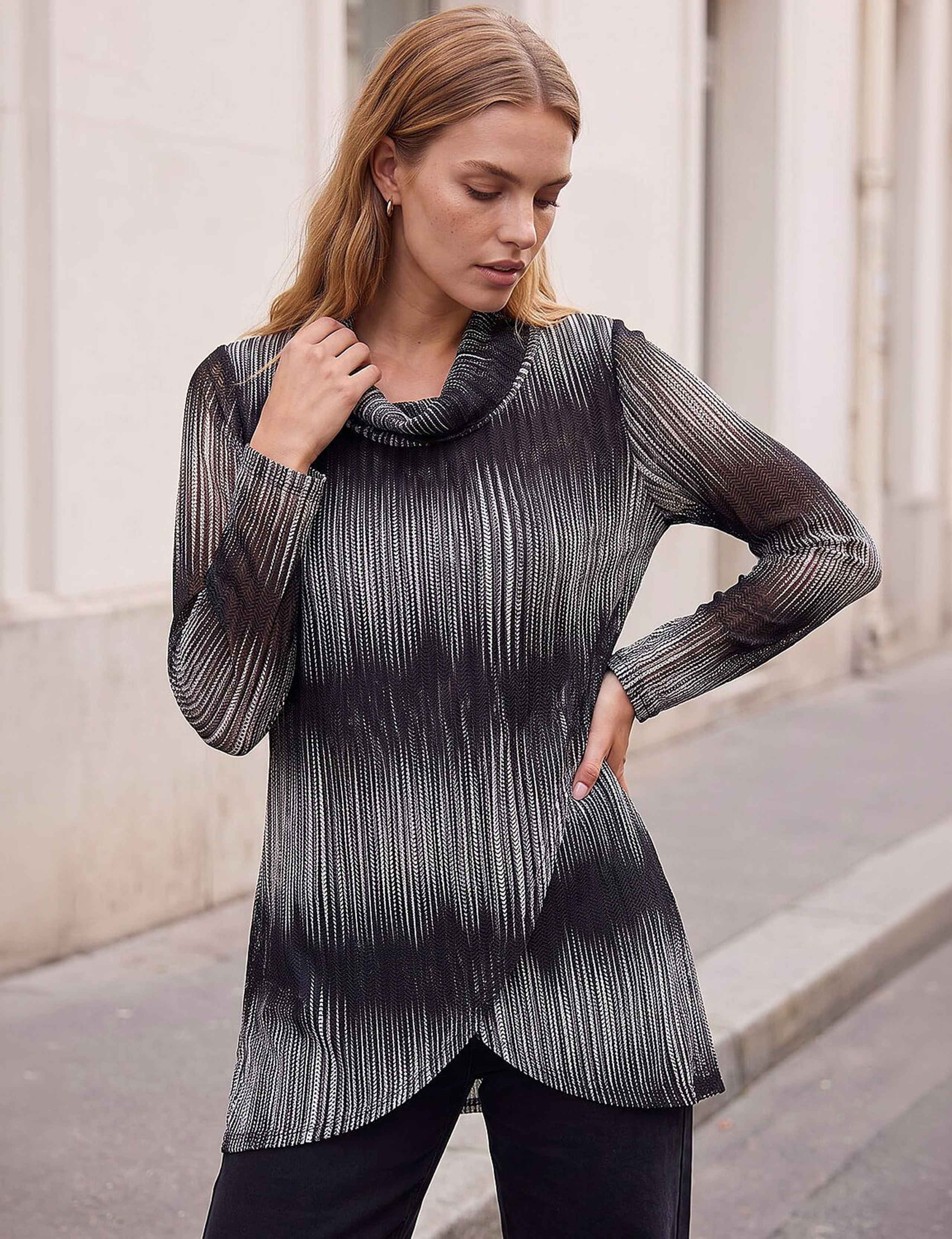 Mono Print Cowl Neck Tunic Top