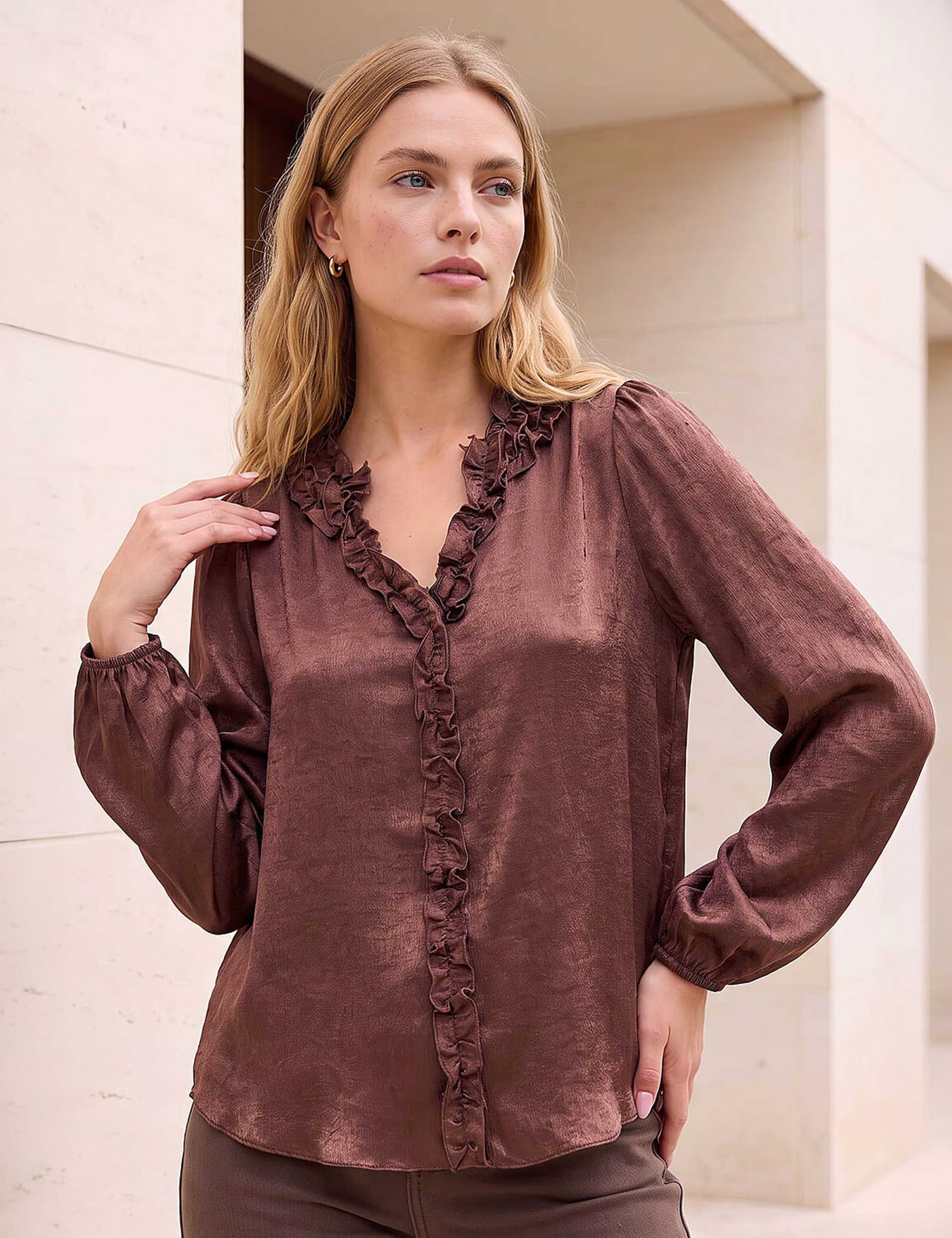 Satin Frill Detail V Neck Top