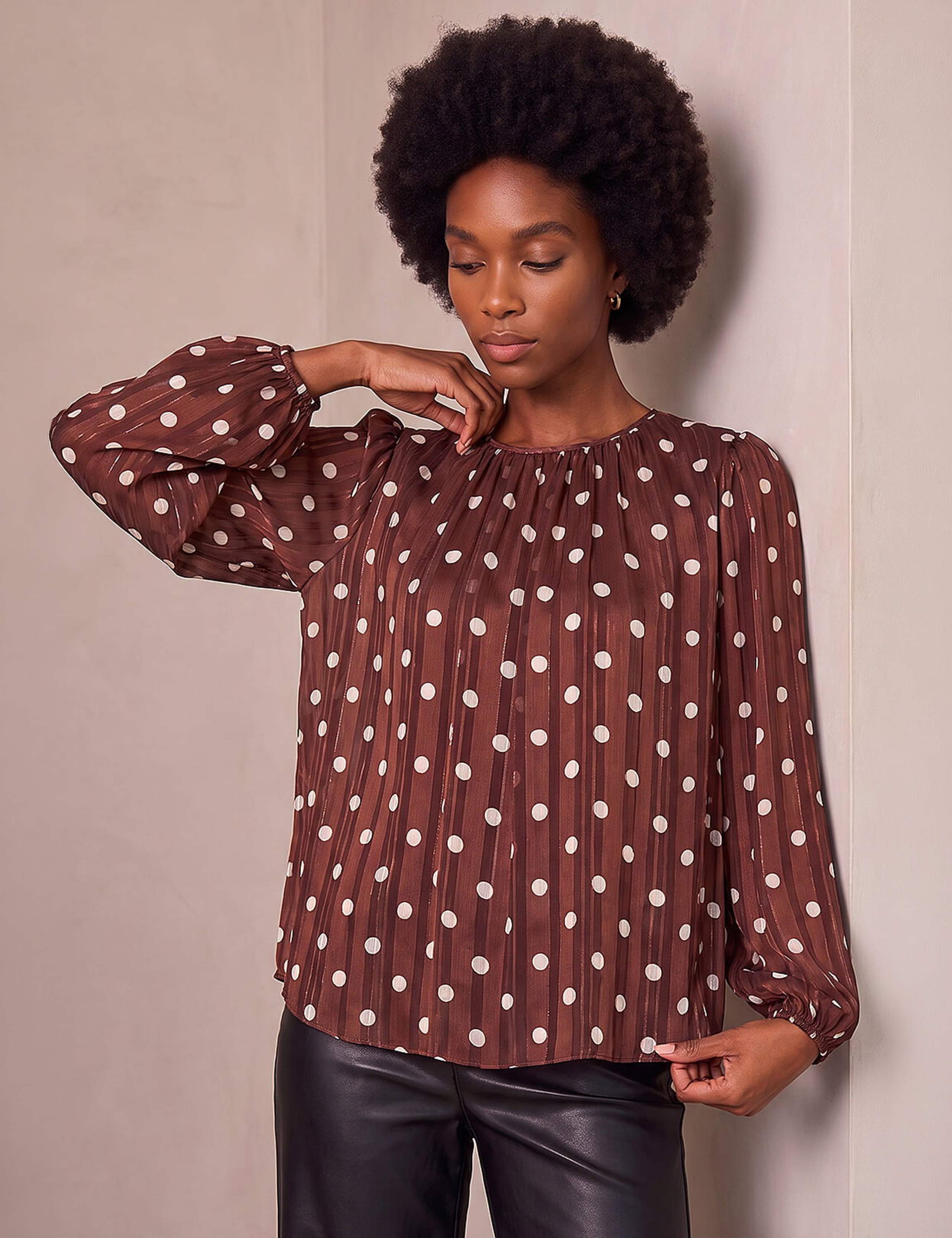 Polka Dot Satin Pleat Detail Top