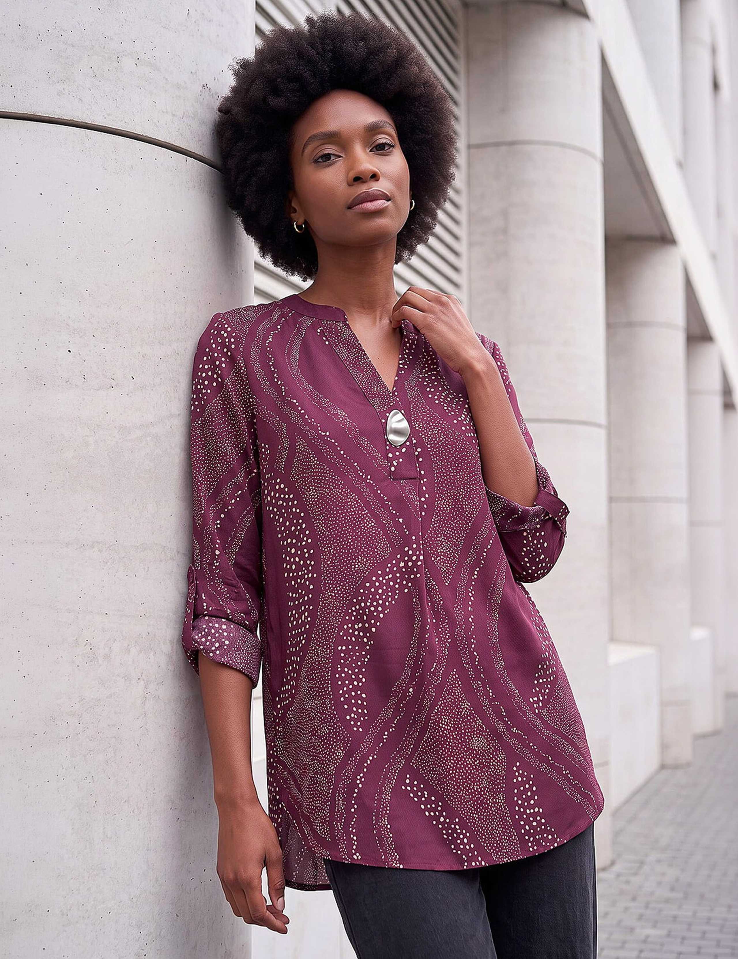 Satin Spot Print Notch Neck Longline Top