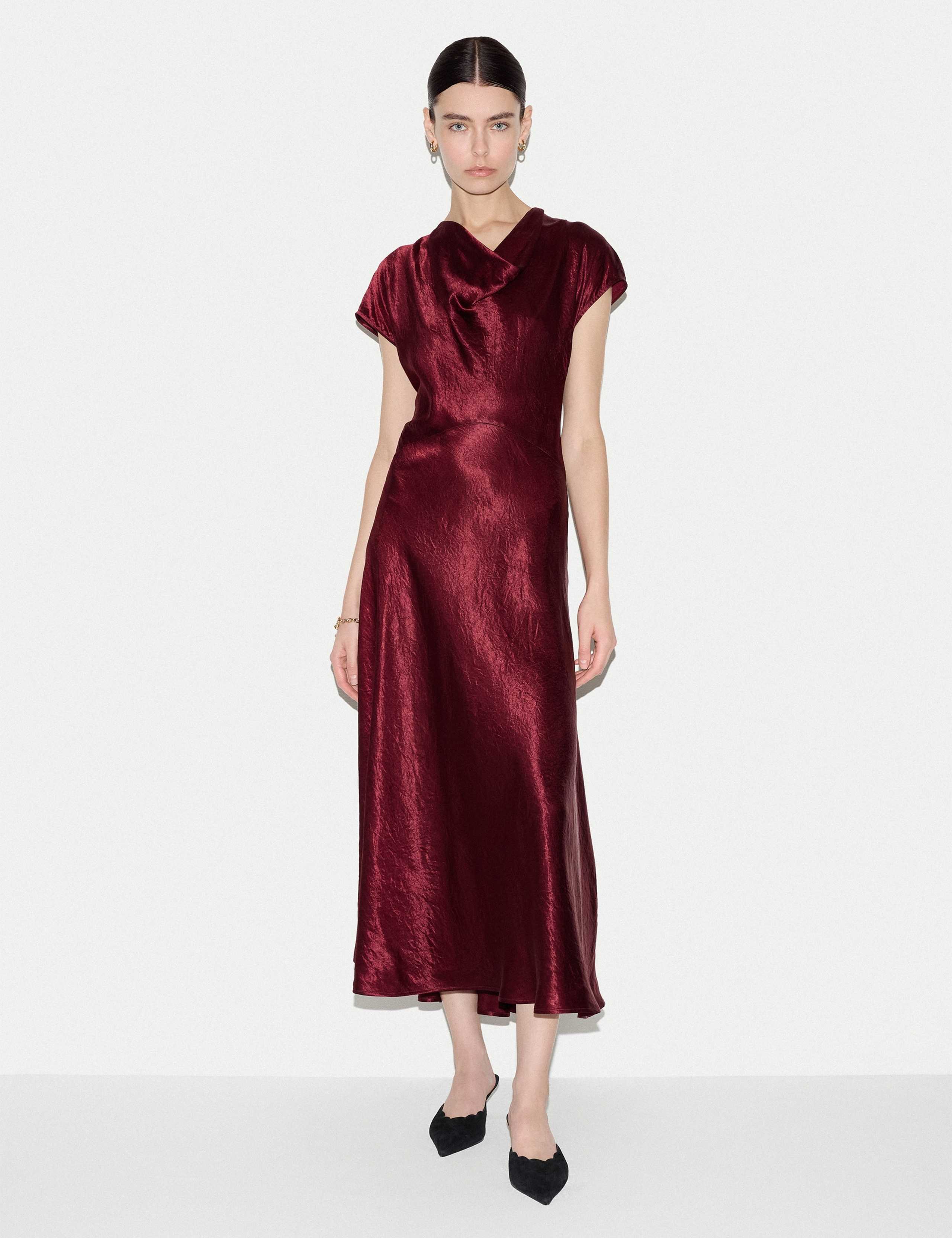 Textured Cowl Neck Midi Waisted Dress