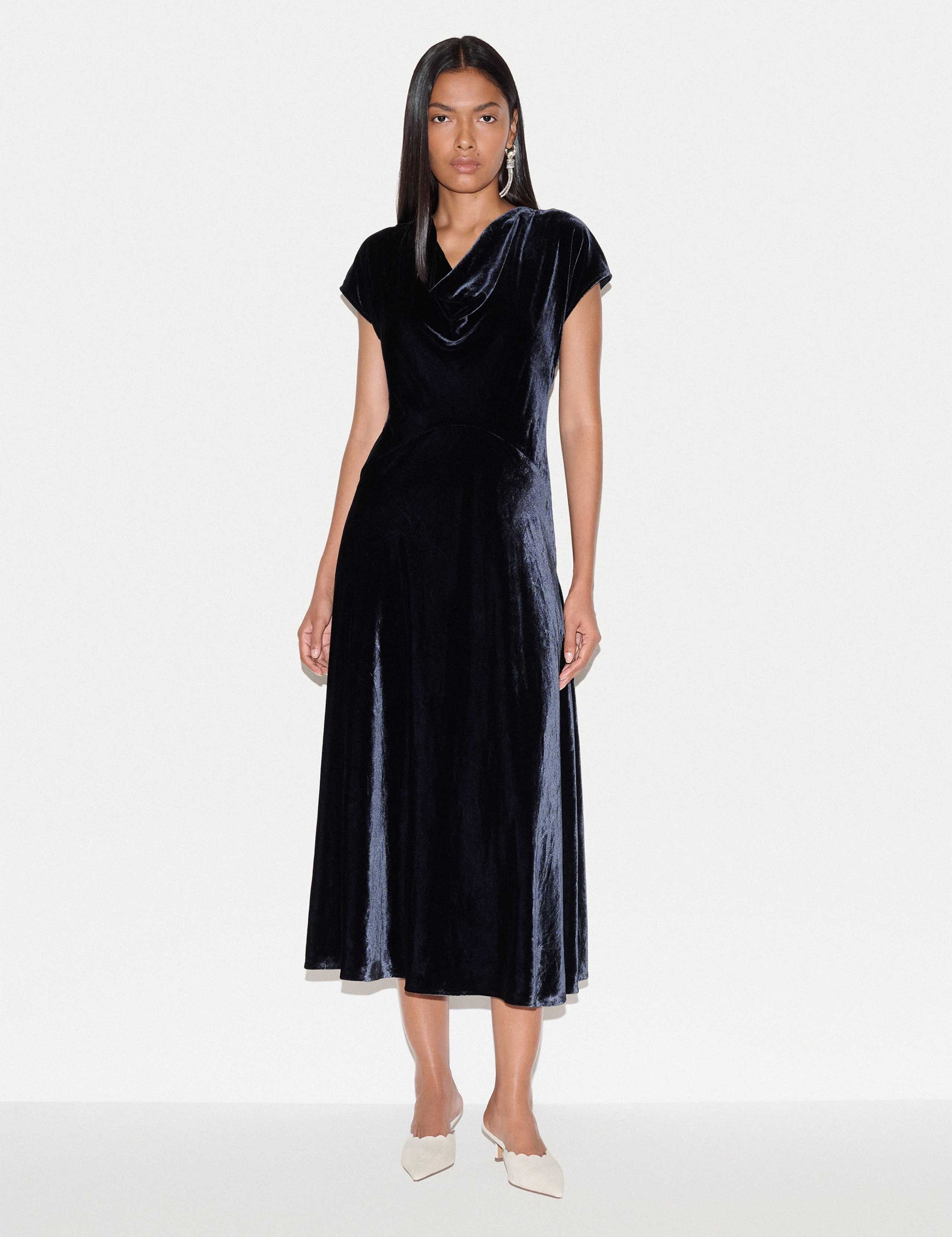 Velvet Cowl Neck Midi Waisted Dress