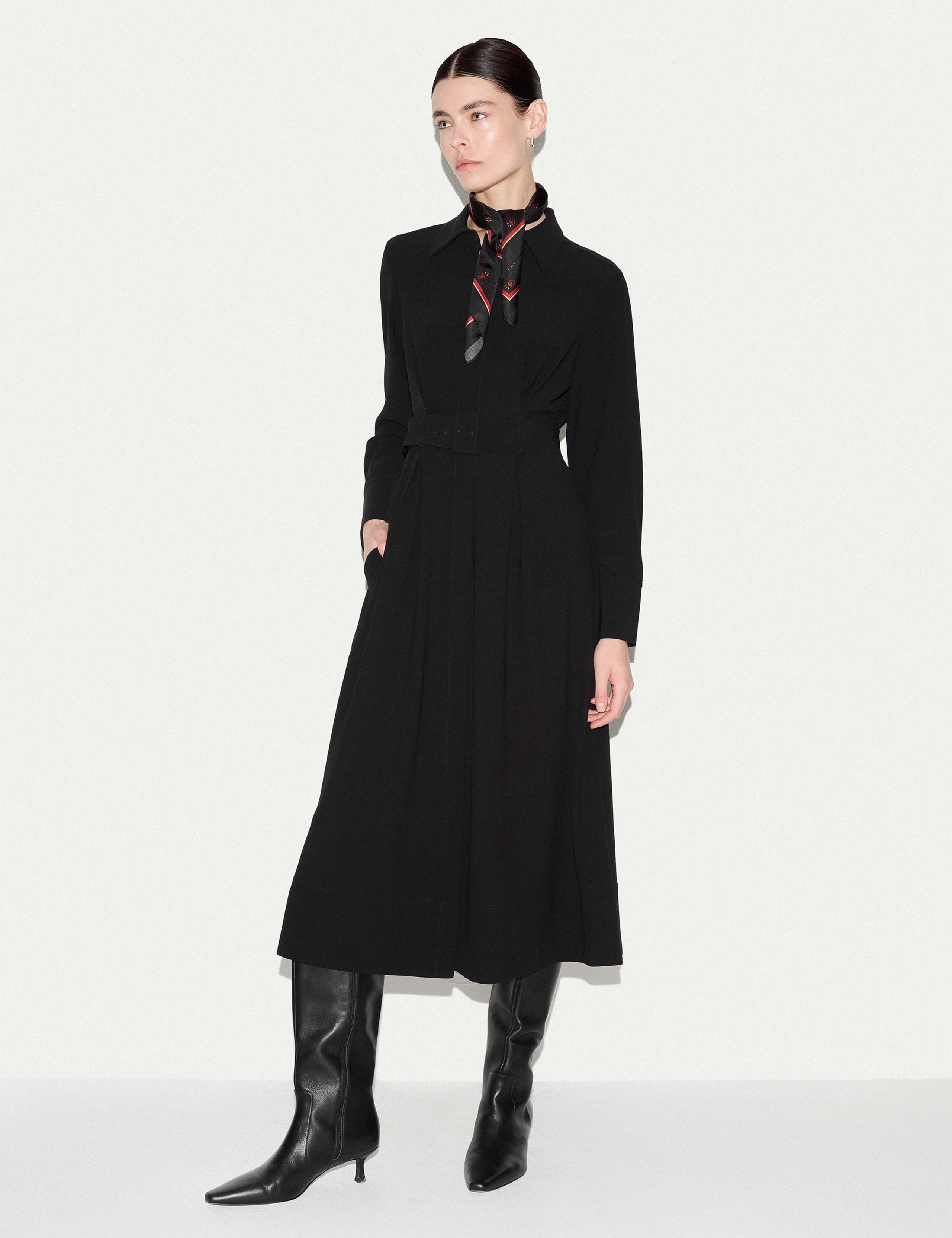 Crepe Collared Belted Midi Shirt Dress