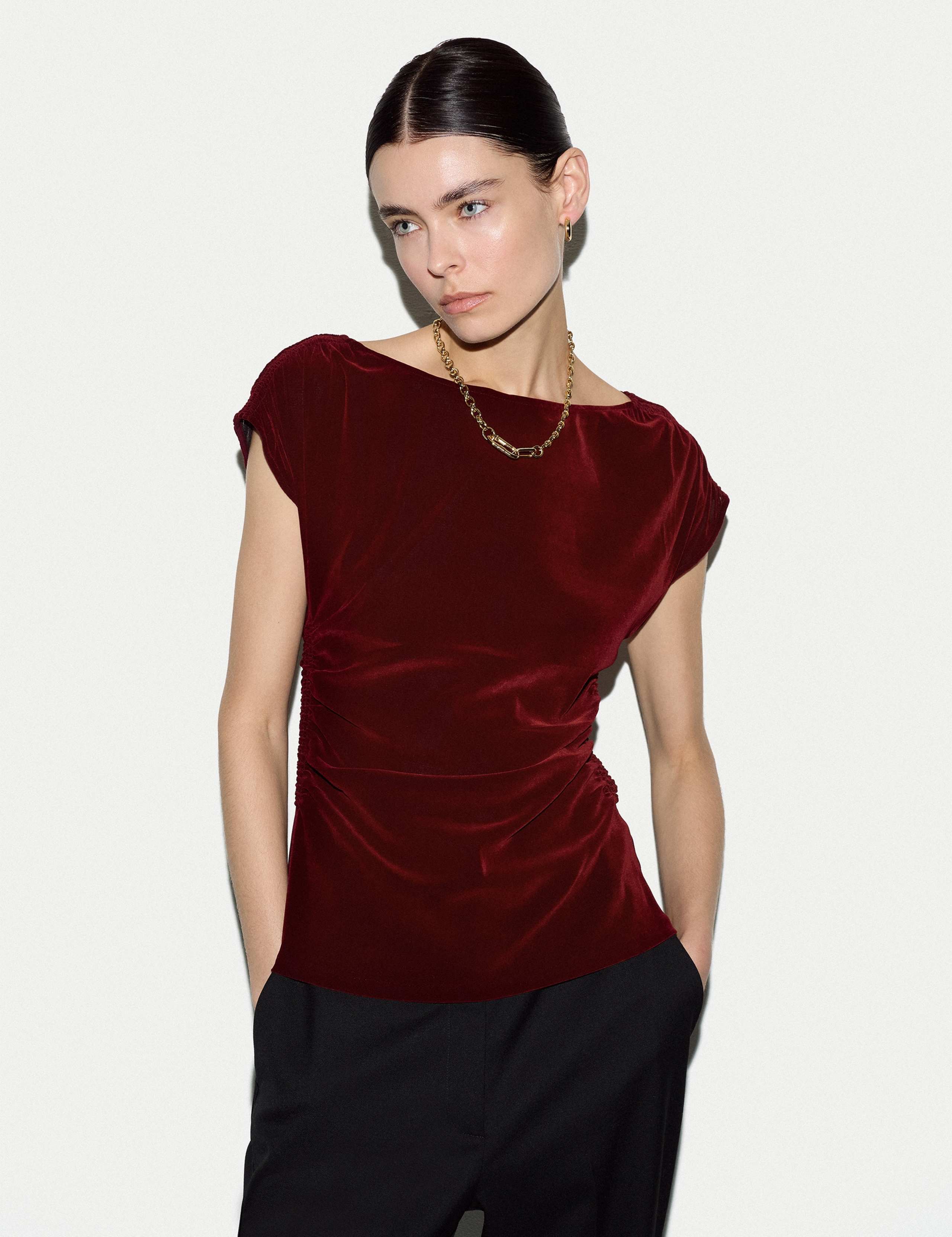 Velvet Ruched Slash Neck Top