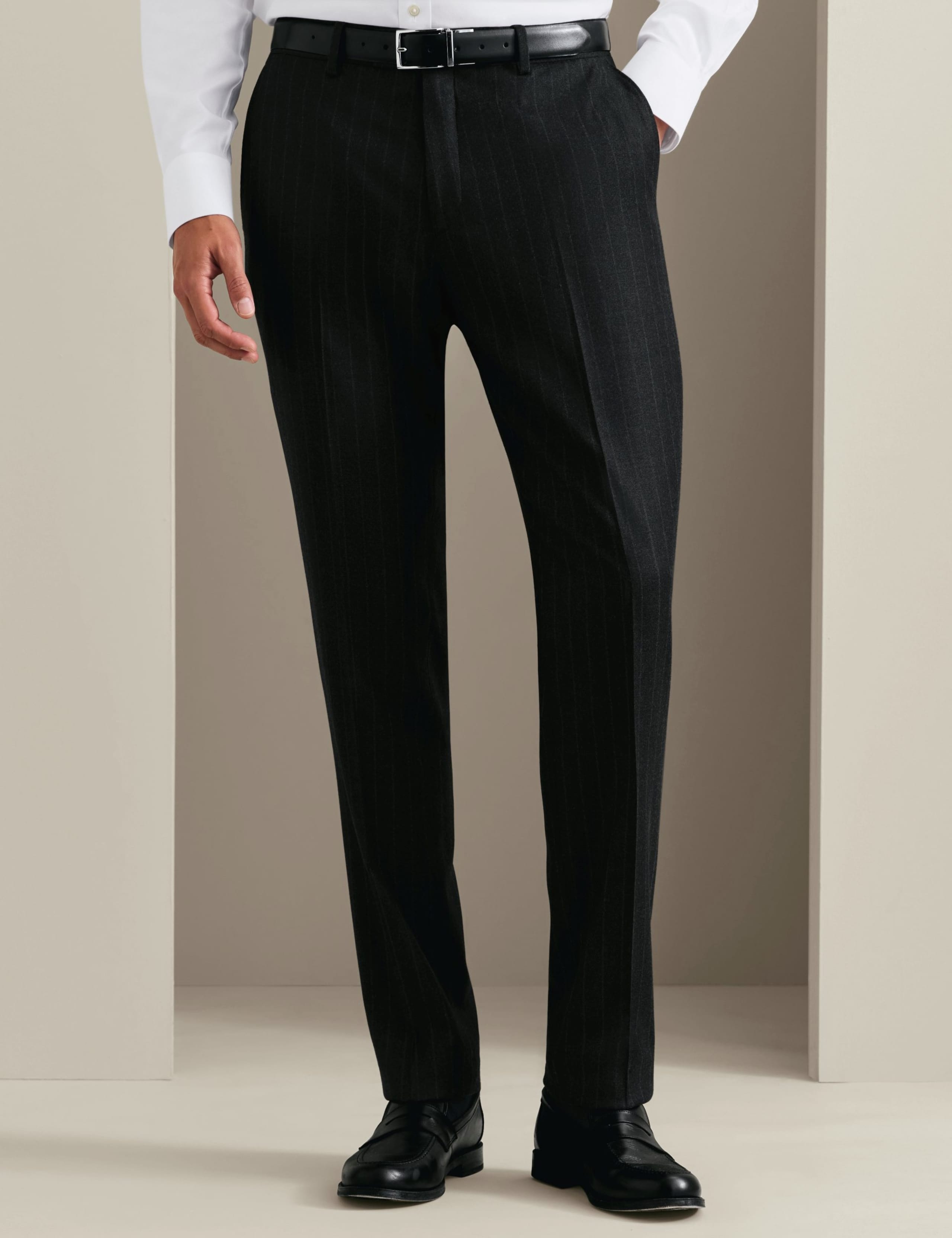 Slim Fit Wool Rich Striped Flat Front Trousers