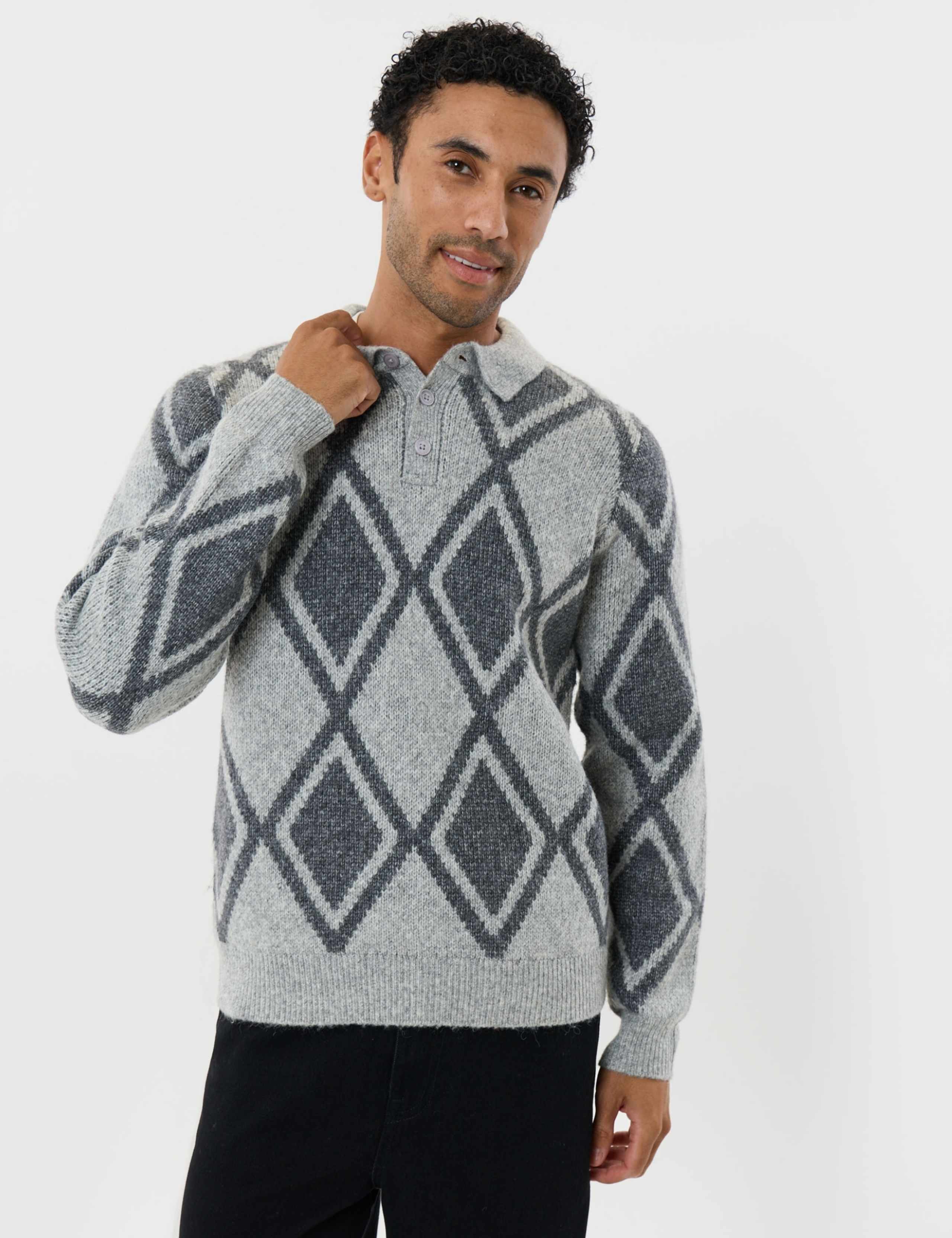 Argyle Knitted Long Sleeve Polo Shirt