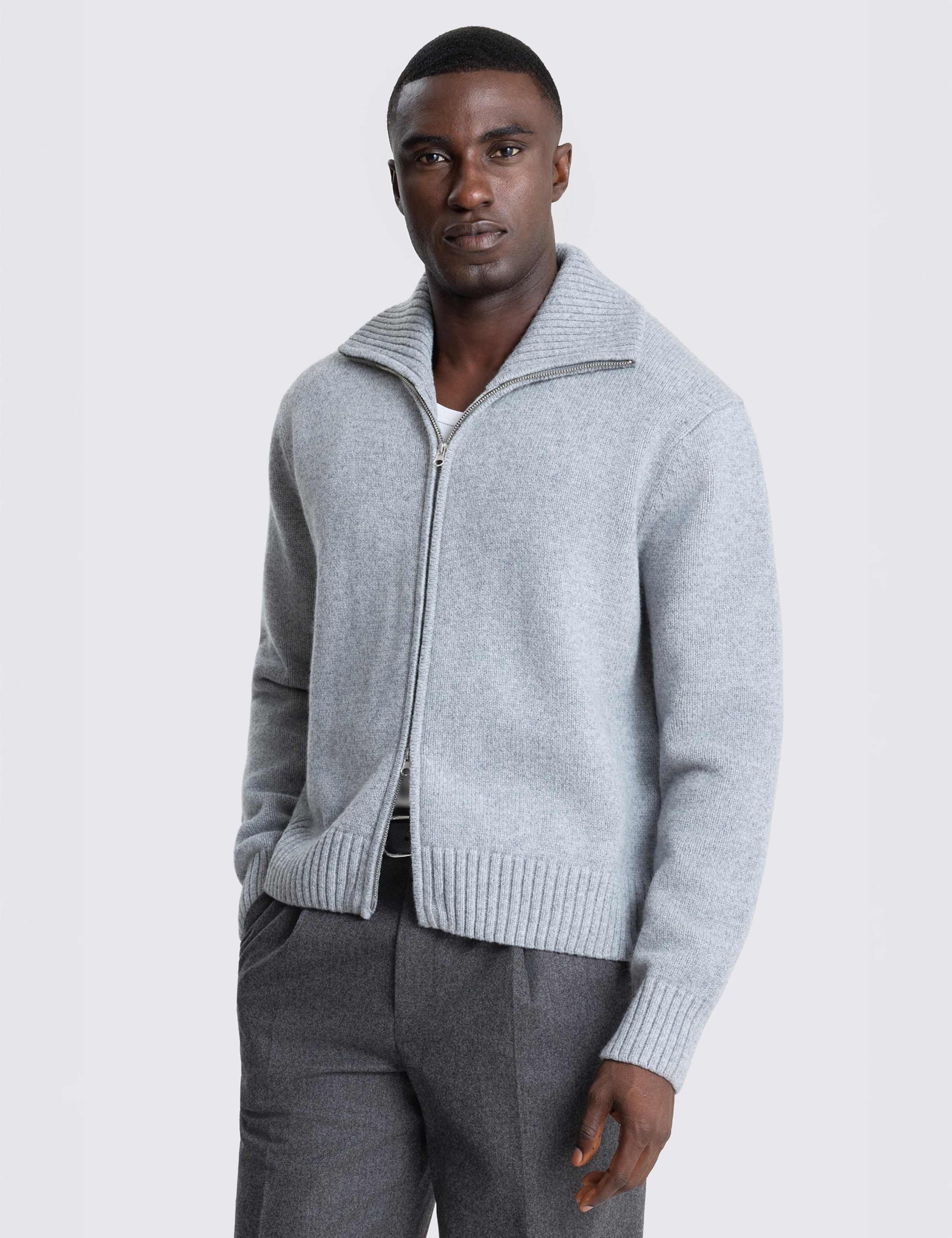 Pure Wool Textured Boxy Zip Up Cardigan