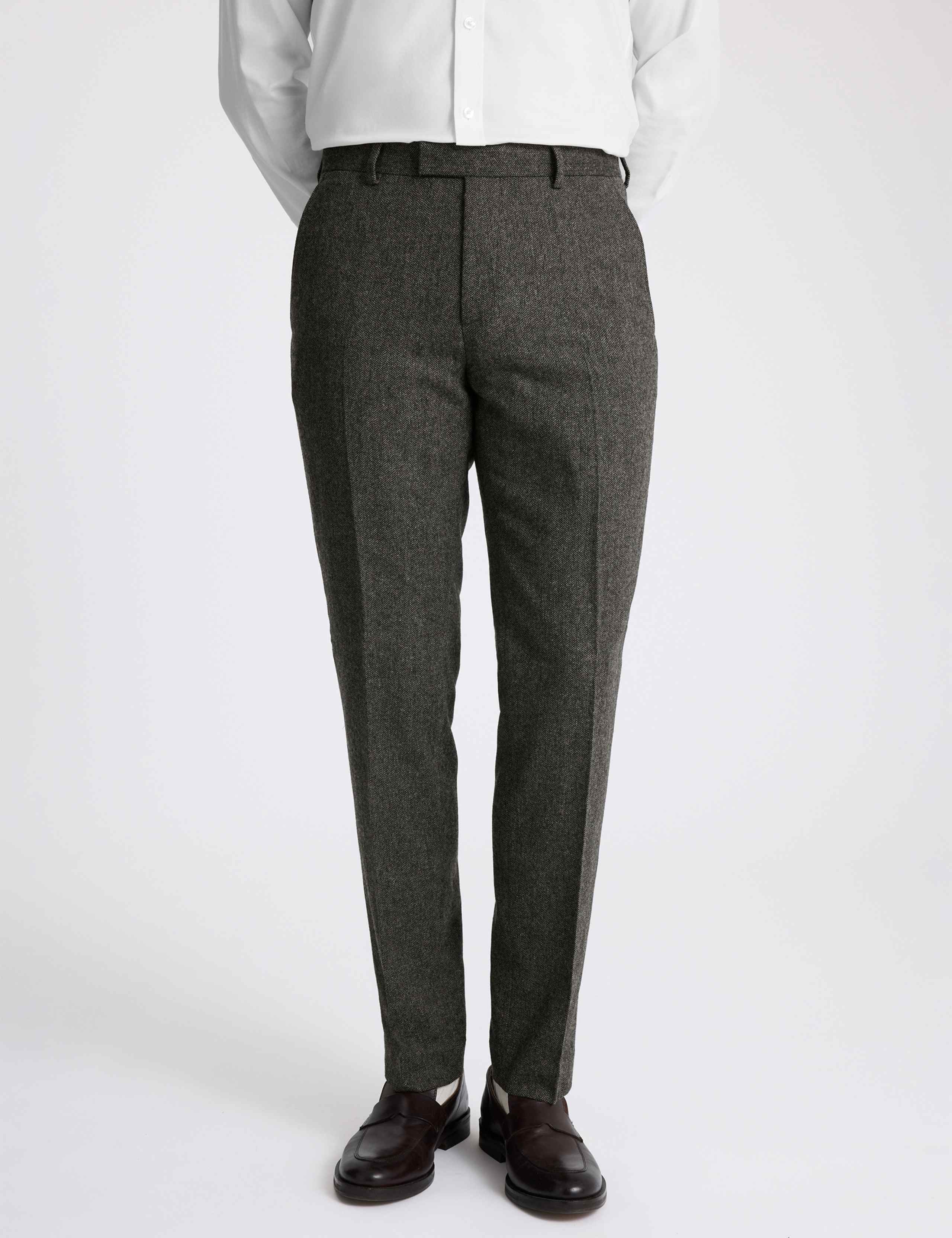 Tailored Fit Wool Blend Herringbone Suit Trousers