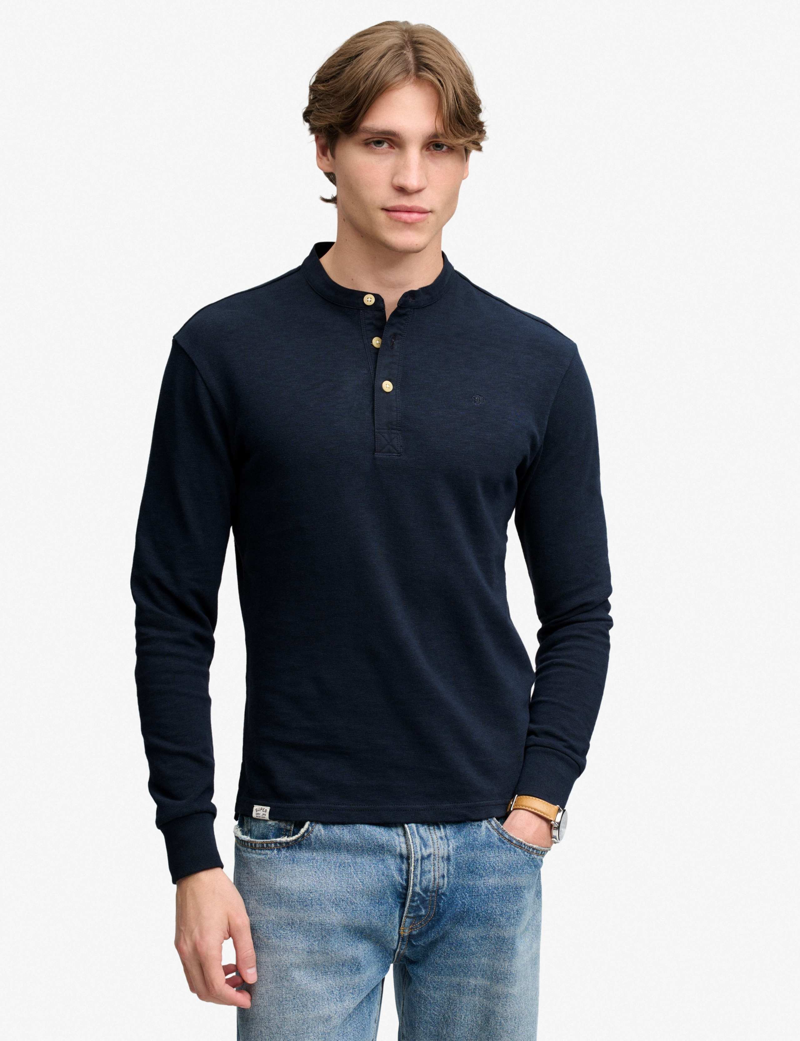 Pure Cotton Grandad Collar Long Sleeve Top