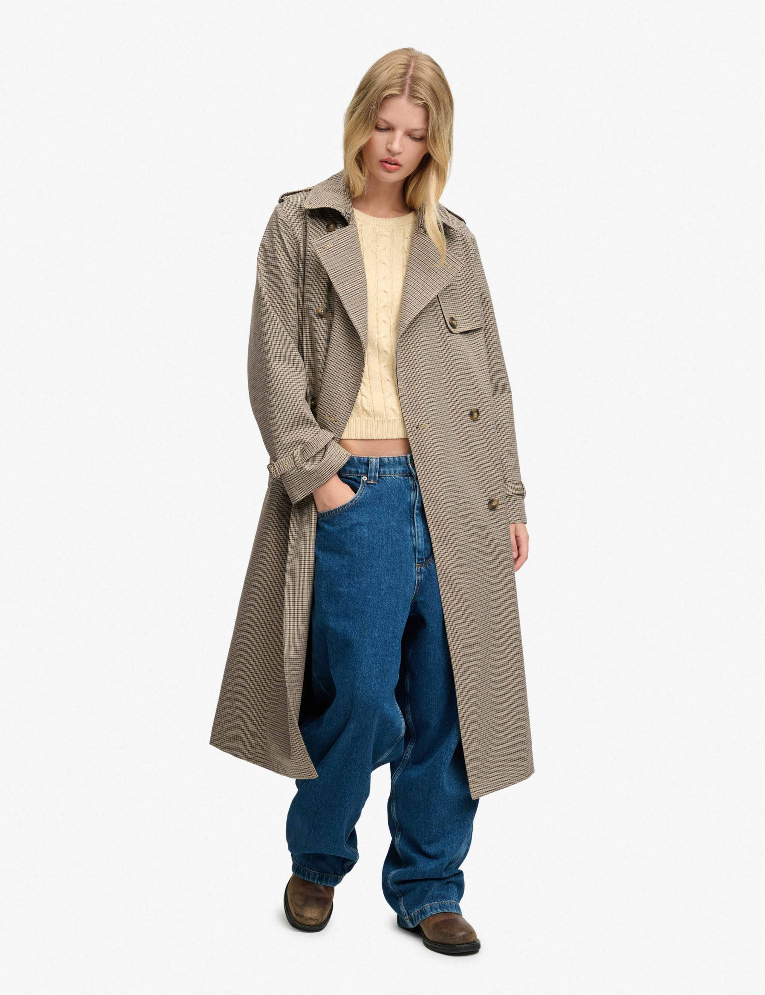 Checked Belted Longline Trench Coat