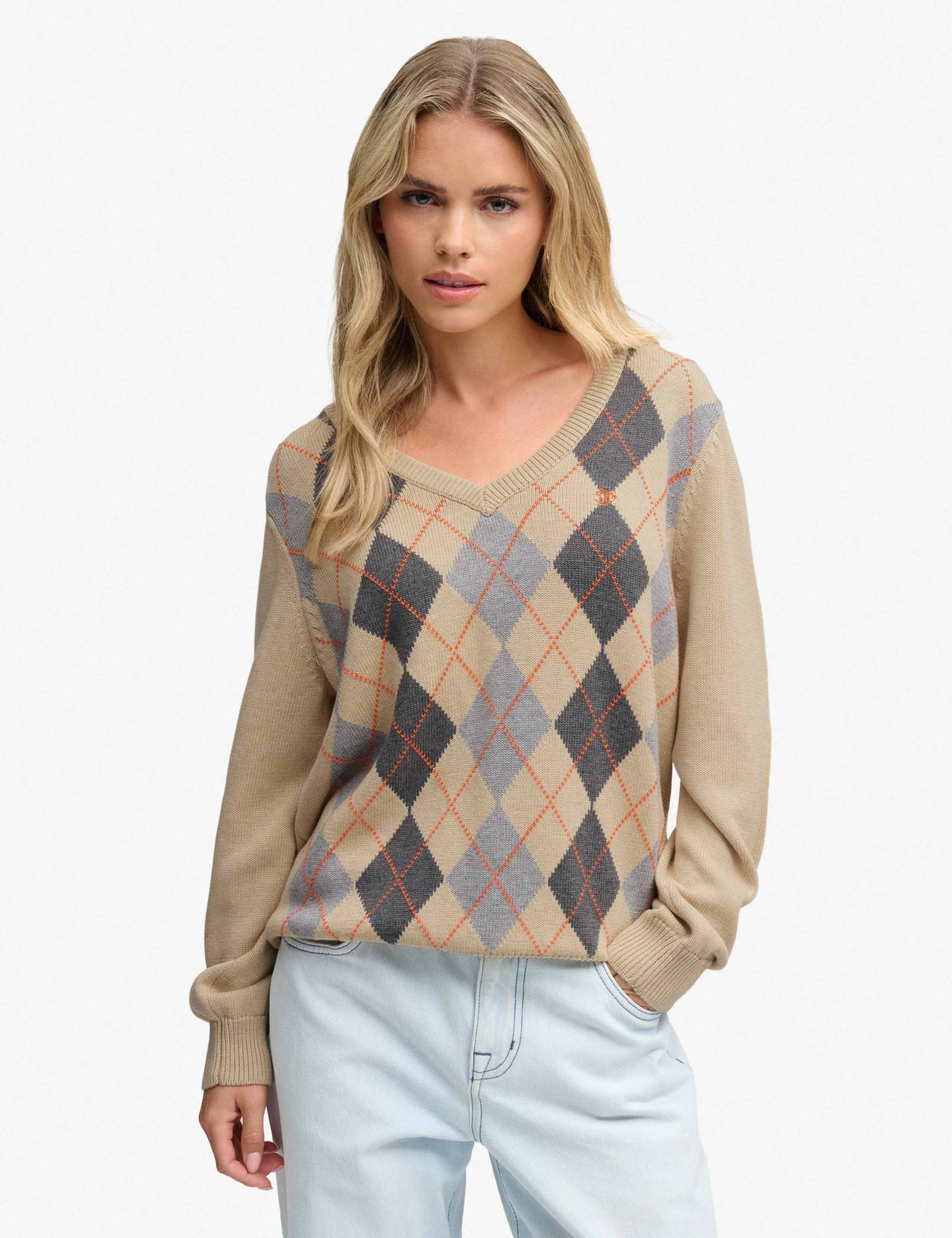 Pure Cotton Argyle V Neck Relaxed Jumper