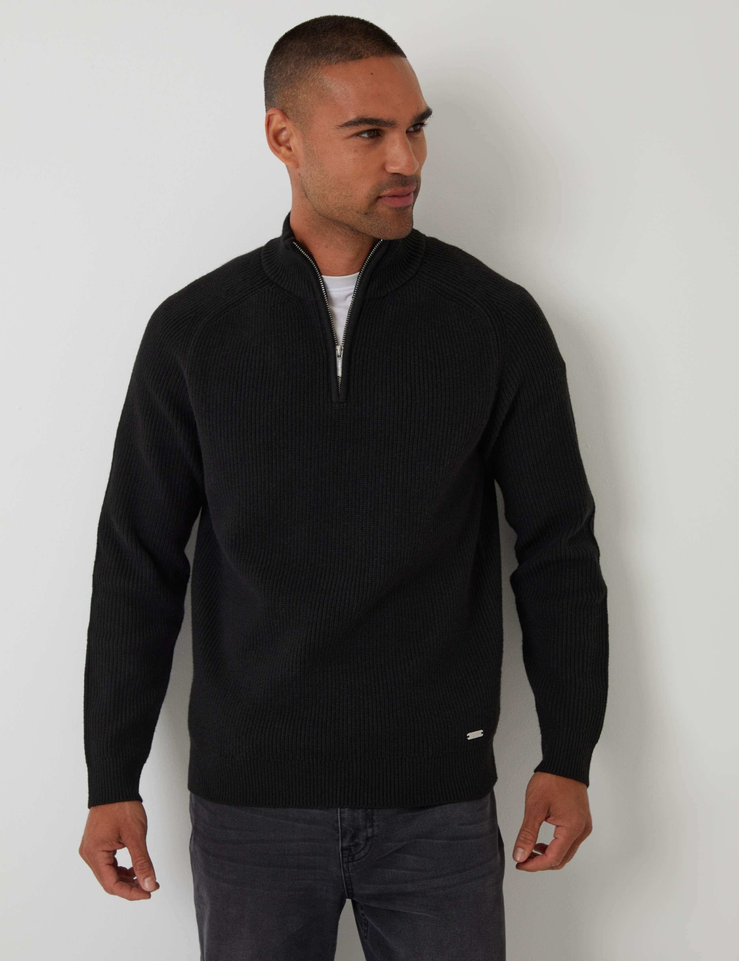 Ribbed Funnel Neck Half Zip Jumper