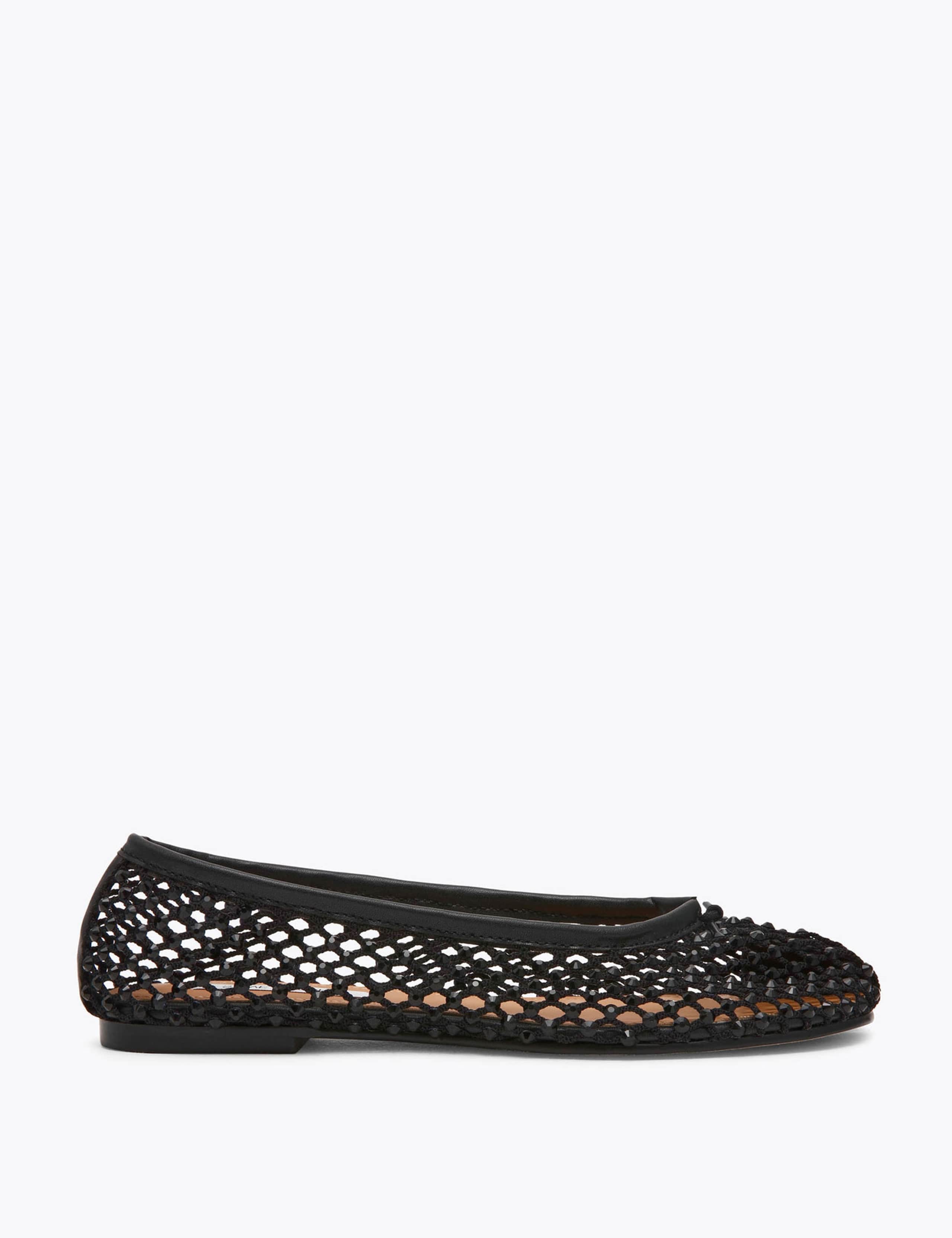 Rhinestone Mesh Round Toe Flat Pumps