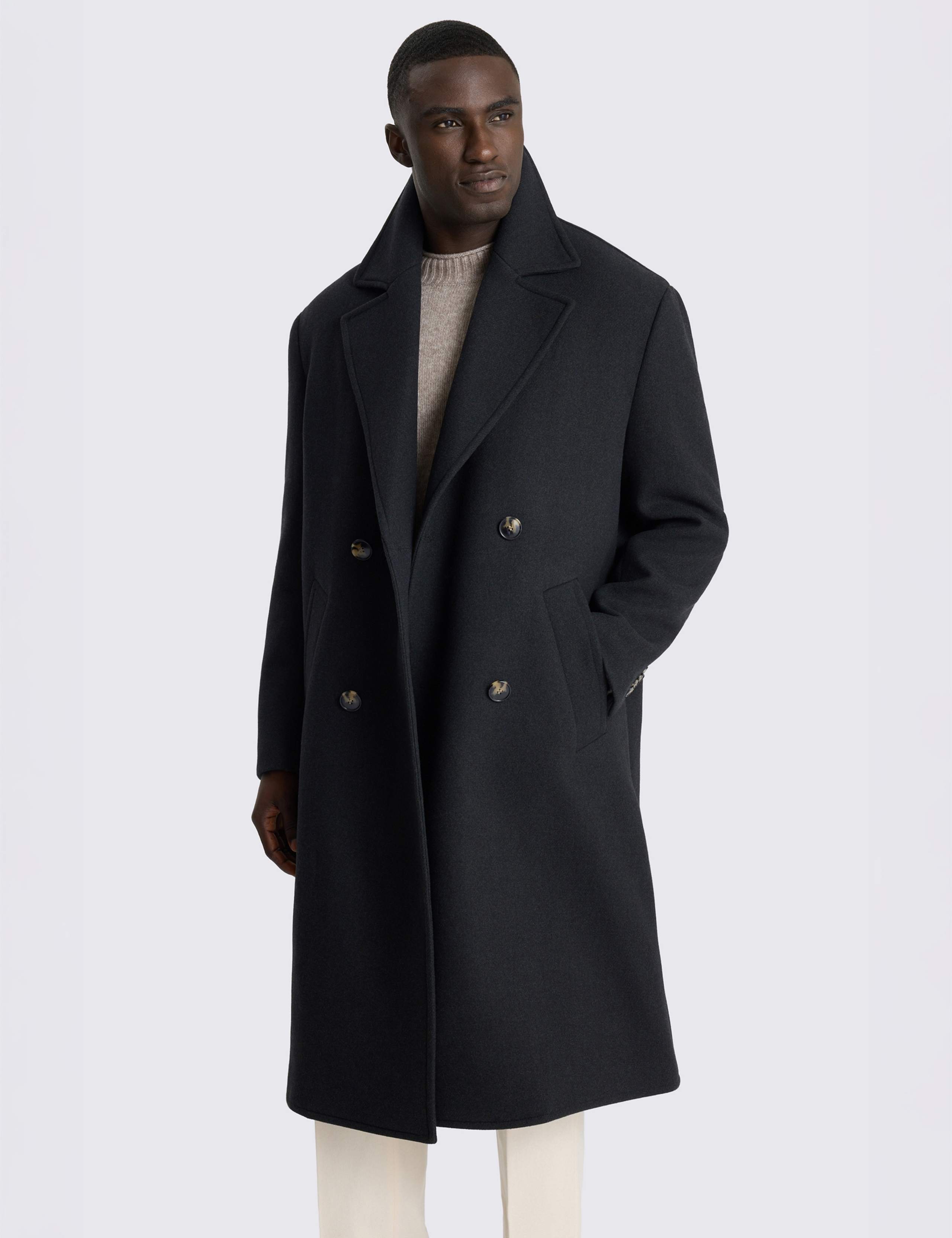 Wool Blend Double Breasted Long Overcoat