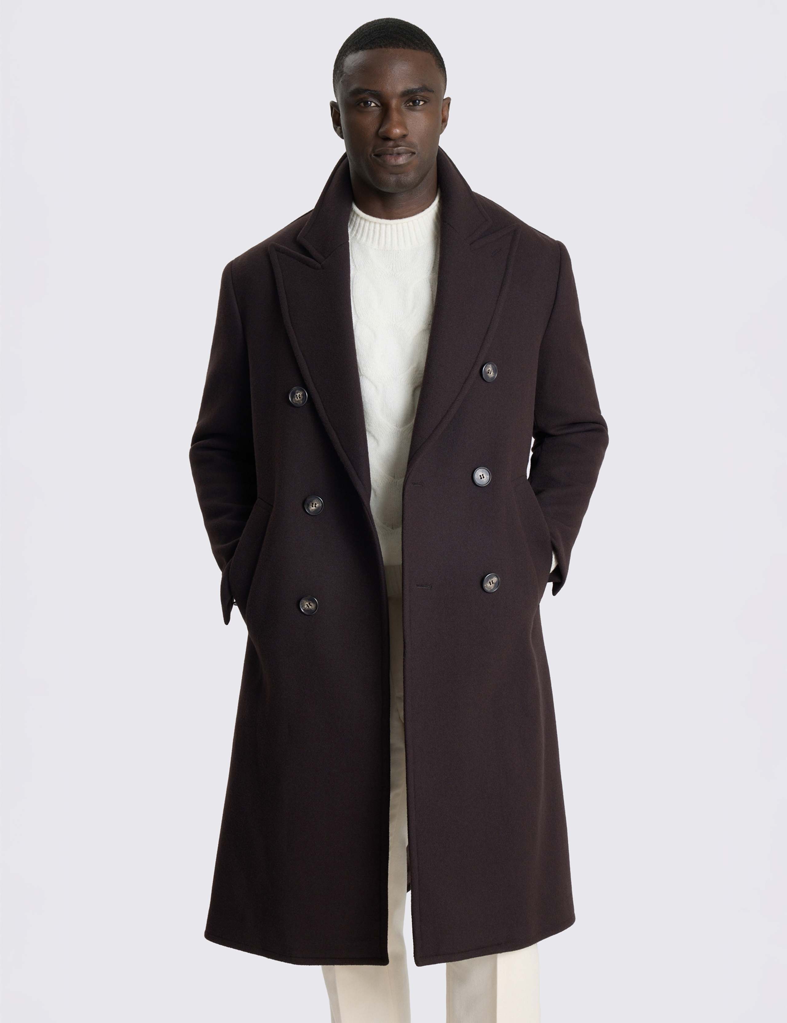 Wool Blend Double Breasted Long Overcoat