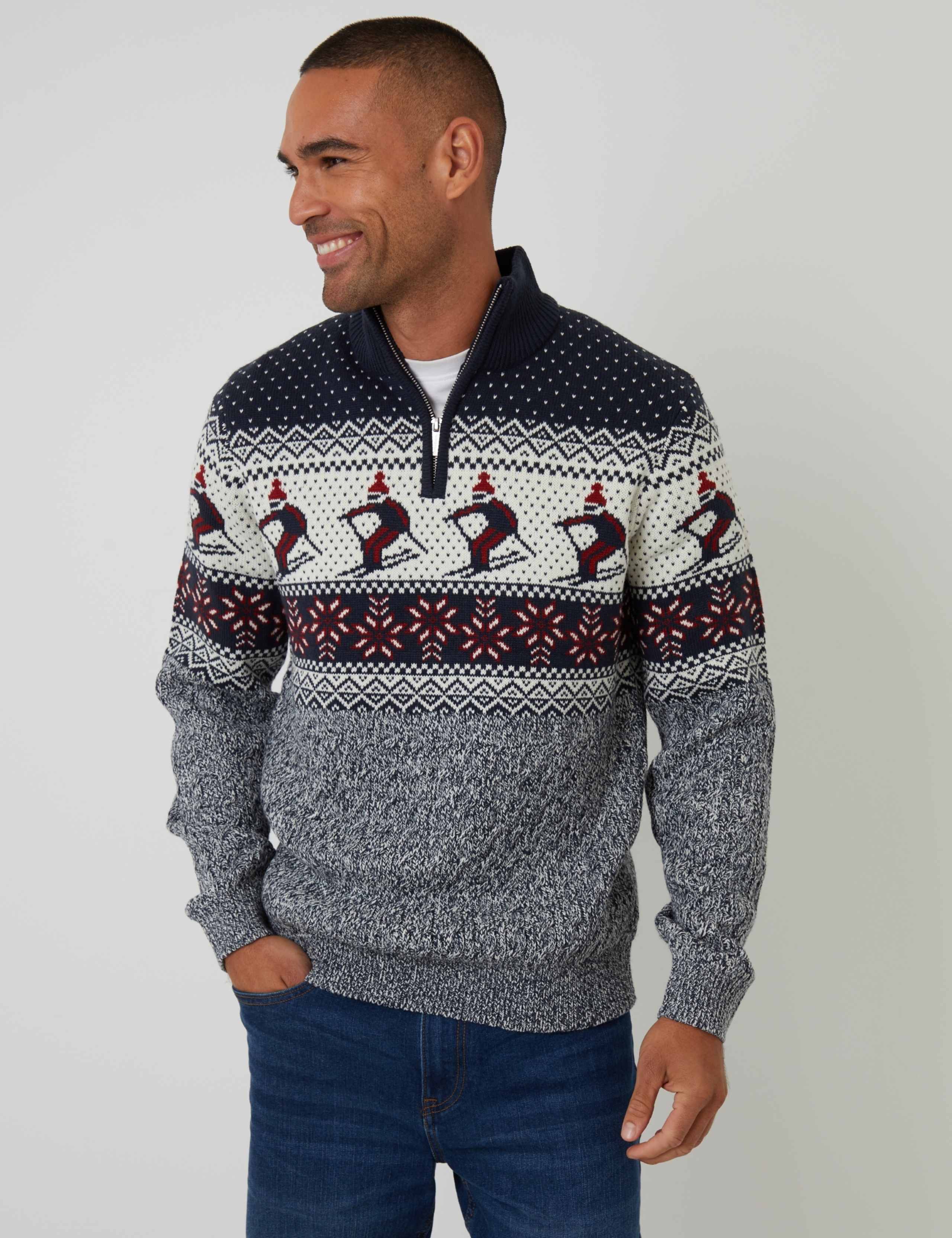 Skiing Christmas Funnel Neck Quarter Zip Jumper