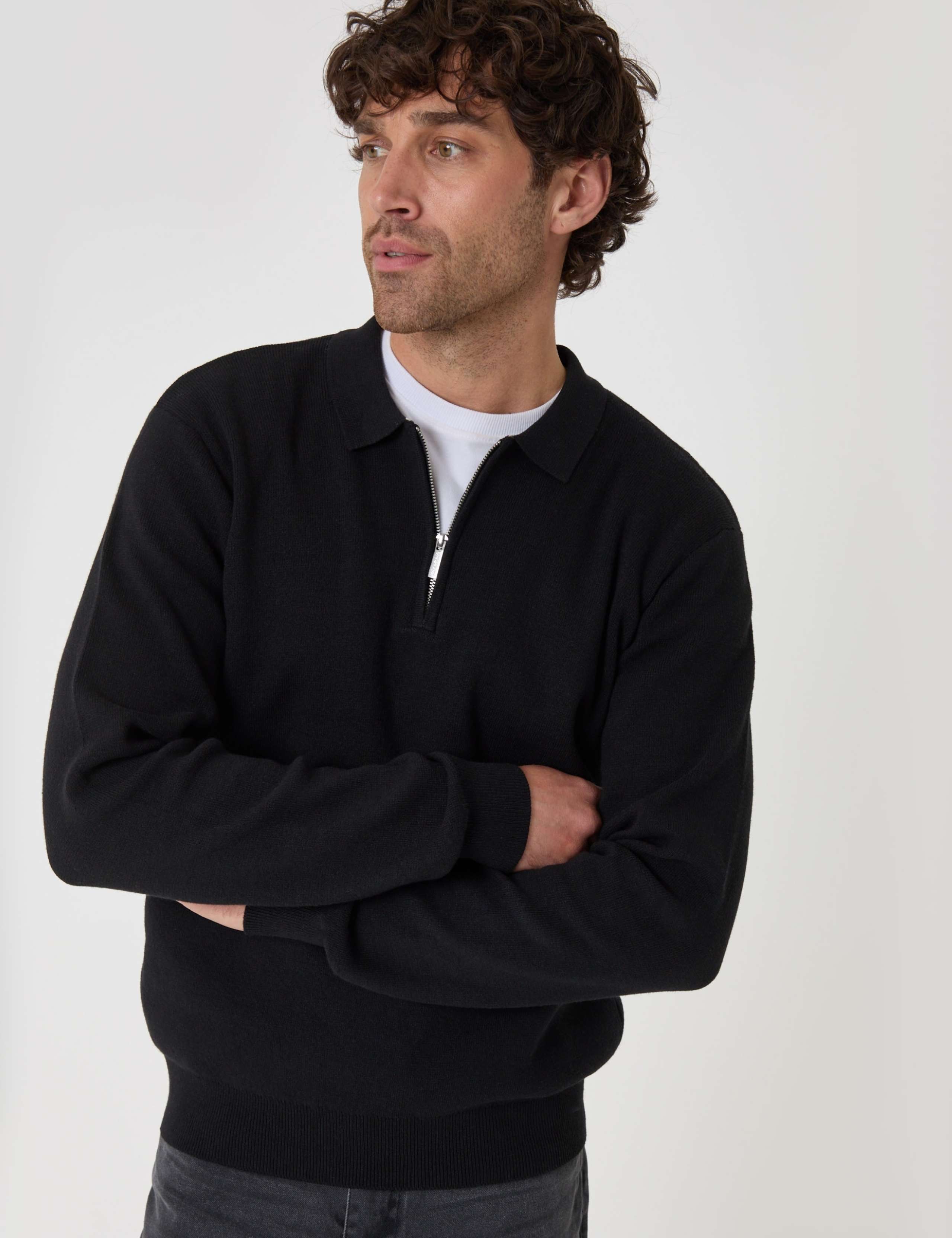 Quarter Zip Cotton Blend Funnel Neck Jumper