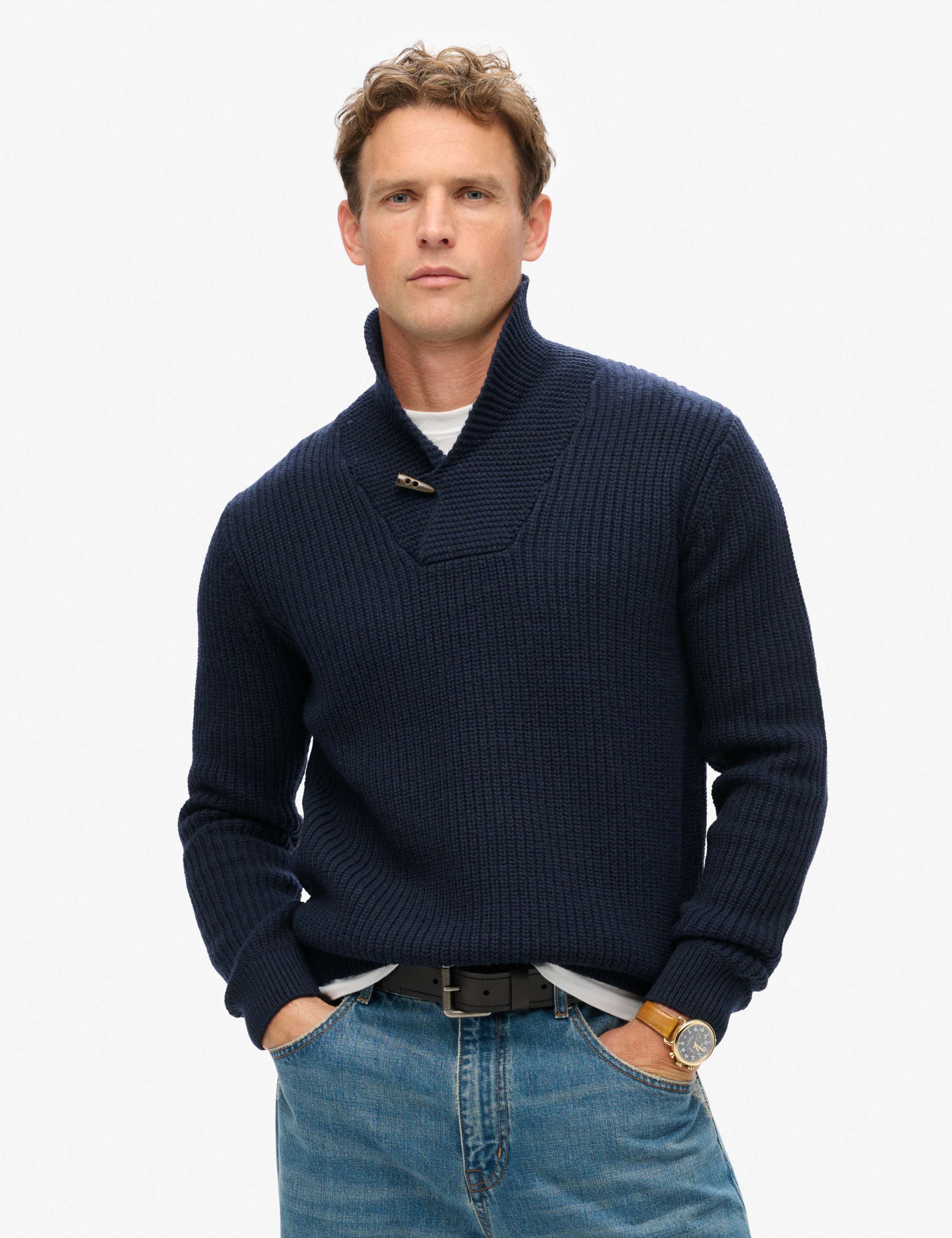 Wool Blend Textured Shawl Collar Jumper