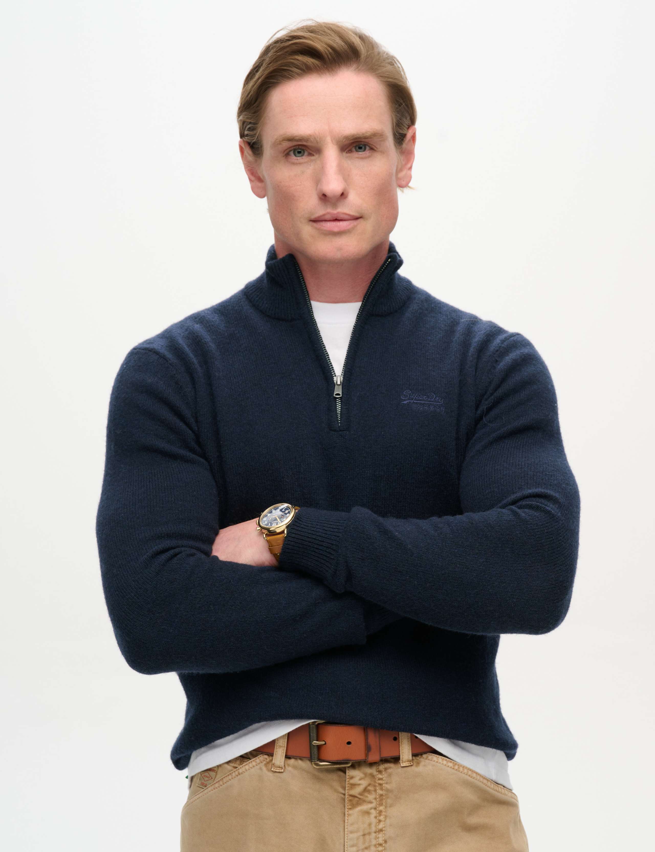 Wool Blend Cable V-Neck Half Zip Jumper