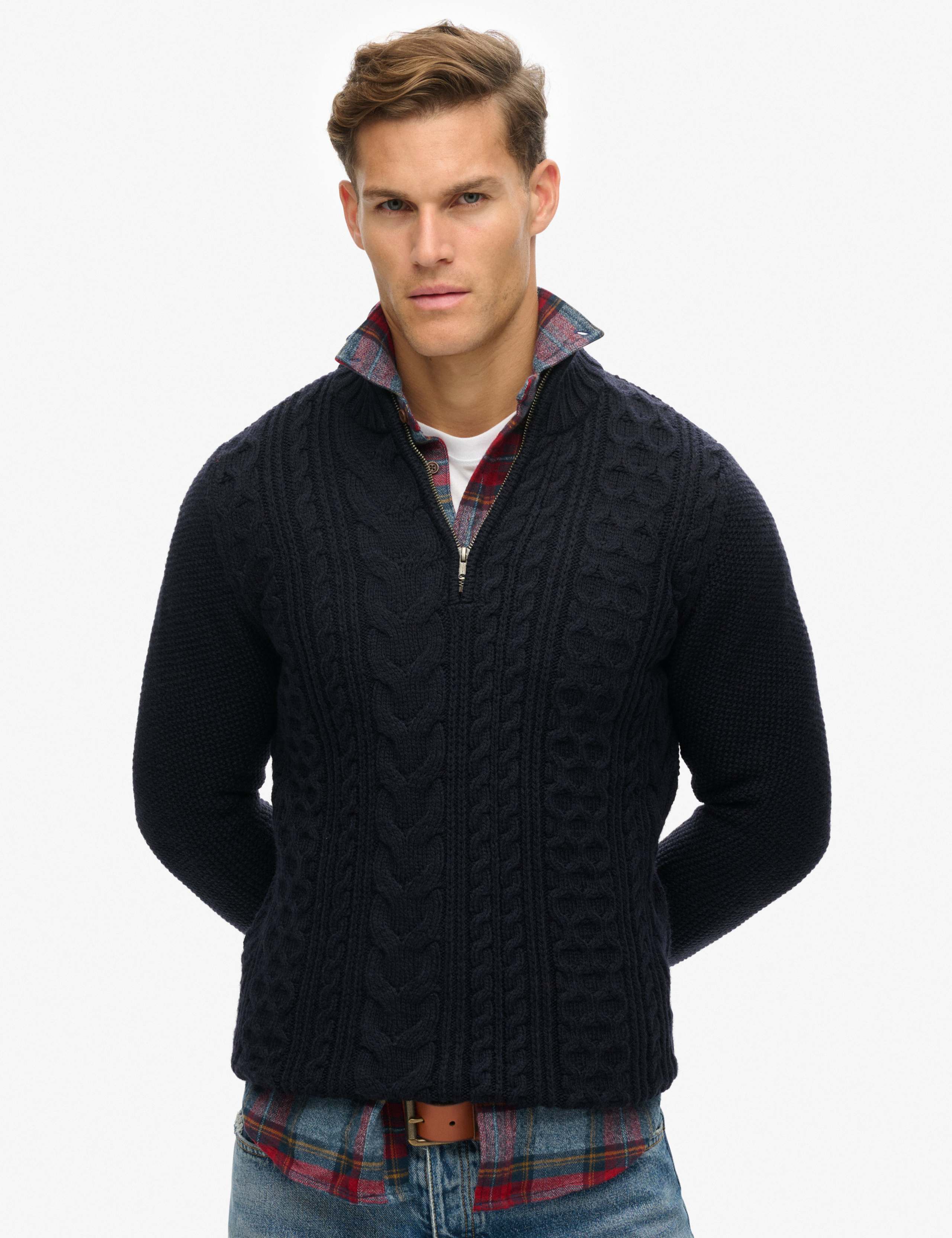 Wool Blend Cable Knit Half Zip Jumper