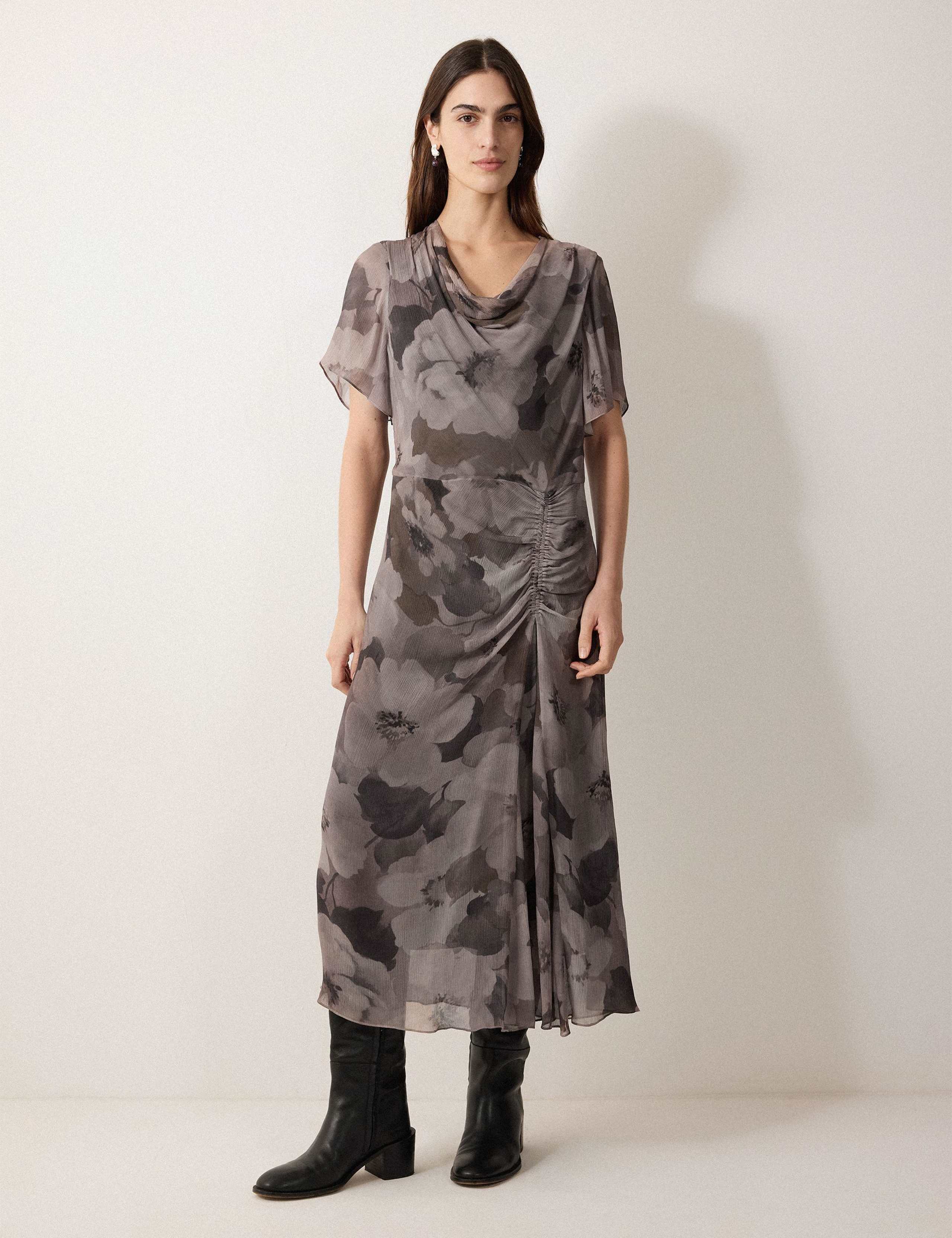 Floral Cowl Neck Midi Shift Dress